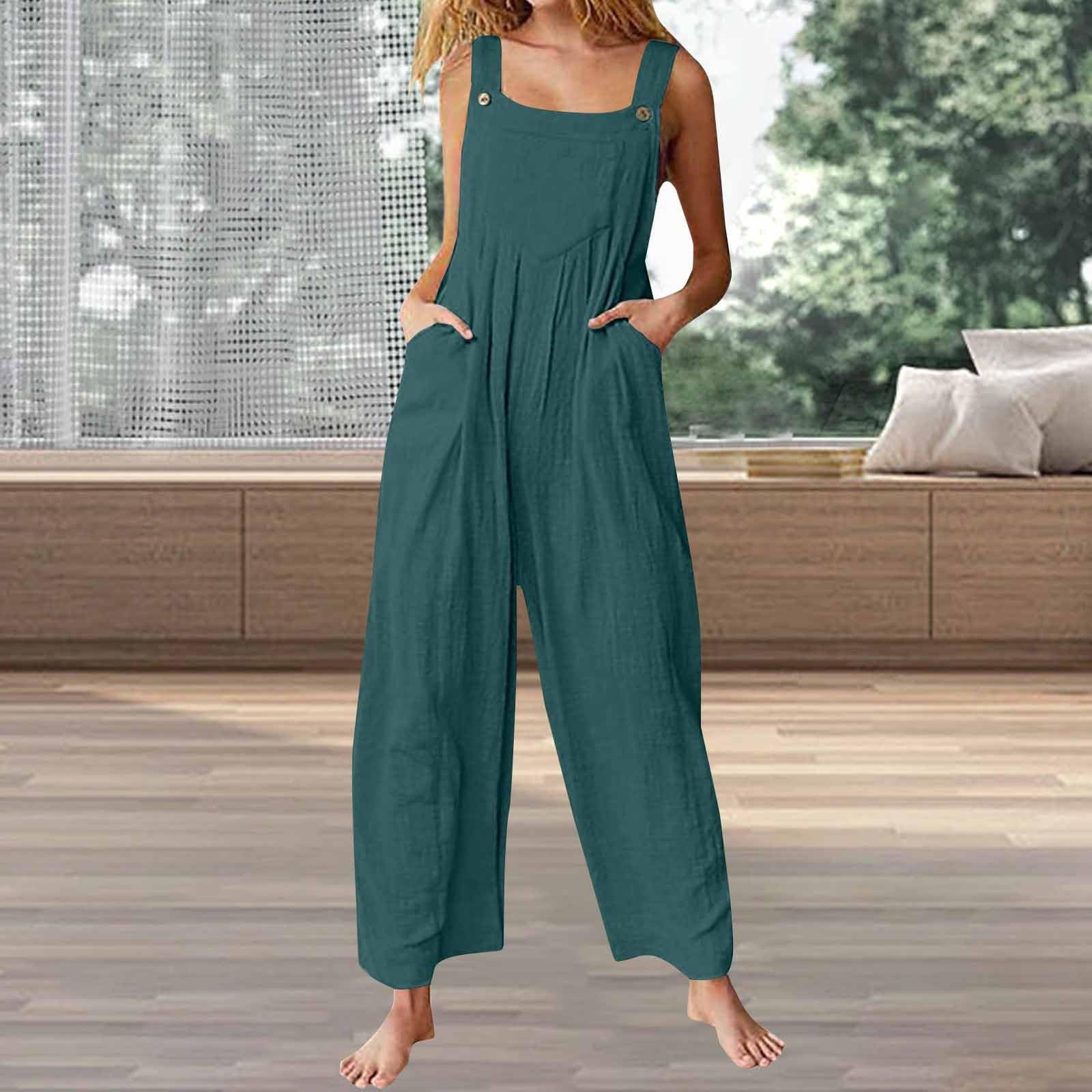 Salopette d'été légère pour femme - Combinaison d'été ample en lin - Combinaison sportive - Salopette de travail sans manches avec poches - Une pièce - Couleur unie - Confortable - Pantalon