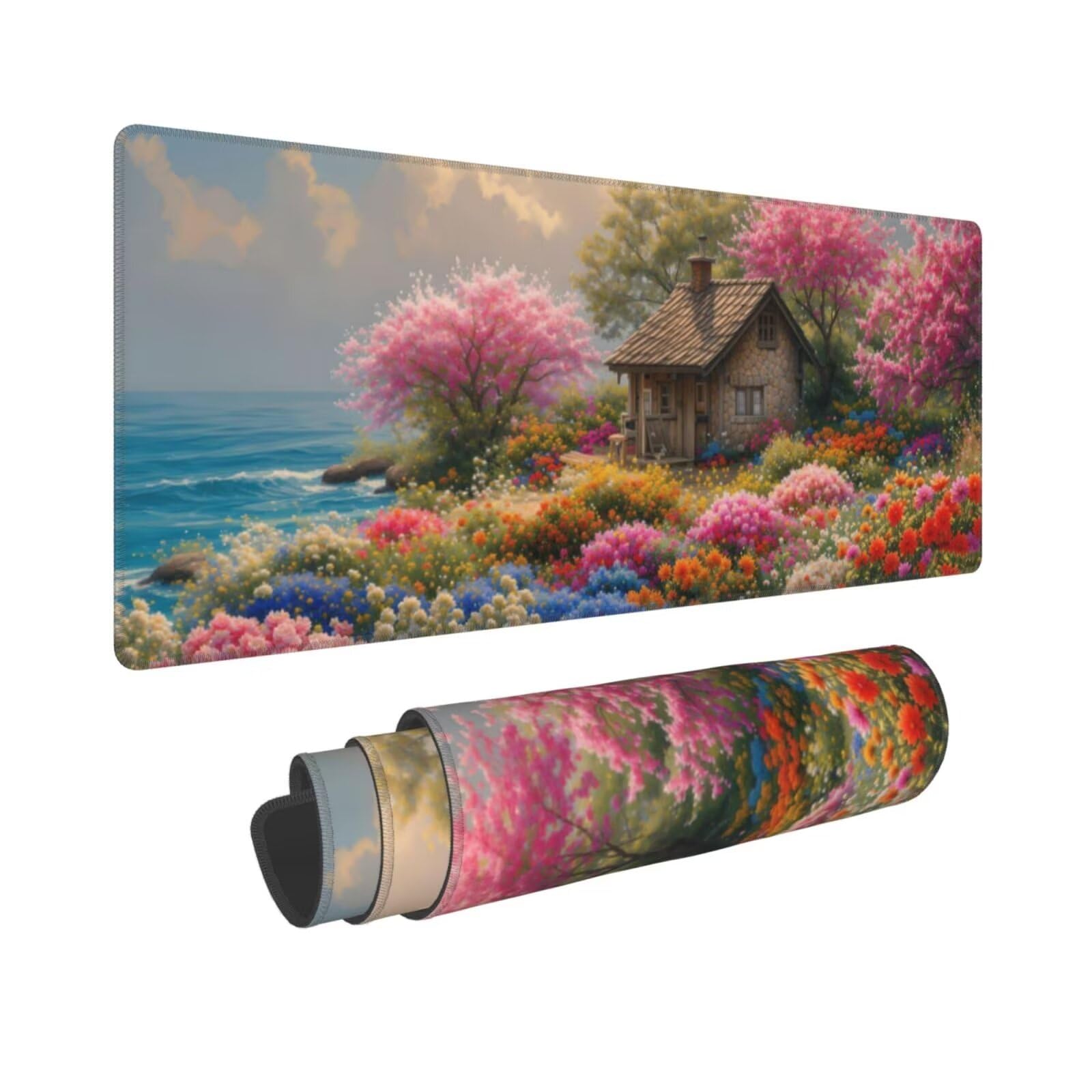 Tappetino Mouse, Tappetino Mouse Gaming Grande XXL 1500x800x3mm Tappetino Scrivania Mouse Pad, Base in Gomma Antiscivolo, Bordi Cuciti,Lavabile, Mousepad per Ufficio e Gaming (Flower Hut) R-344