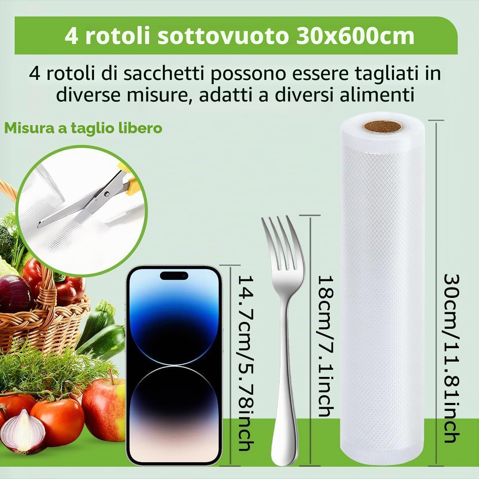 Sacchetti Sottovuoto Alimenti, 30x600cm, 4 Rotoli, Buste Sottovuoto Alimenti Senza BPA, Rotolo Sottovuoto Alimenti Per Macchina Sottovuoto e Cottura Sous Vide