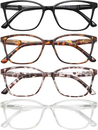 Przene 4 Pack Blue Light Blocking Reading Glasses,Readers for Women and Men with Spring Hinge Black/brown/leopard/transparent Magnification Strength0.75x