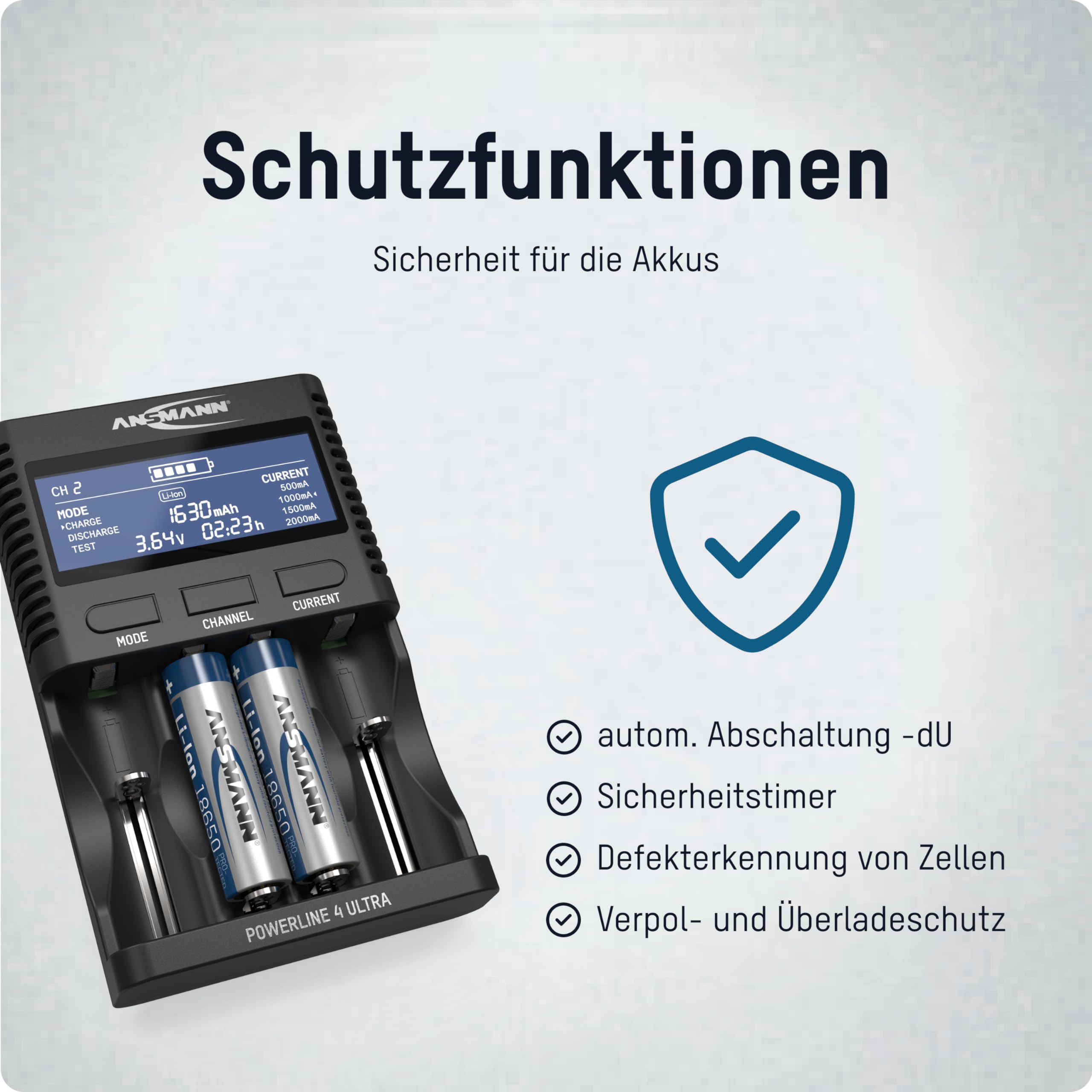 ANSMANN Akku-Ladegerät für 1-4 NiMH & Li-Ion Akkus AAA AA C D LCD-Display | Powerline 4 Ultra Profi-Akkupflegestation, USB-Ladeport für Smartphone, 4 Ladeprogrammen und Einzelschachtüberwachung
