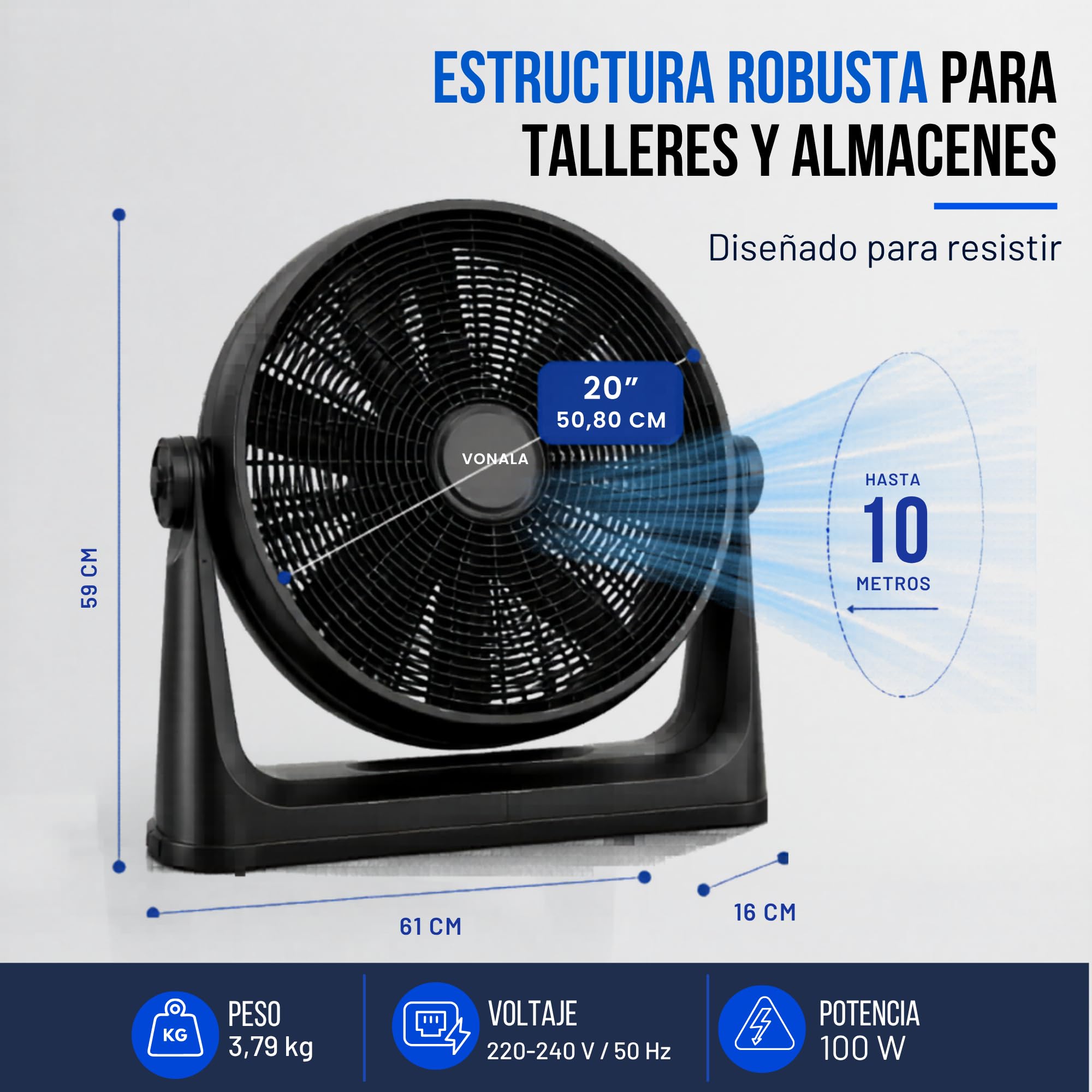 Vonala Ventilador de Suelo y Pared Industrial 100W Ventilador Potente 50cm Silencioso ABS Antivibración Fan Para Exterior e Interior Negro, Ventiladores Potentes Silenciosos