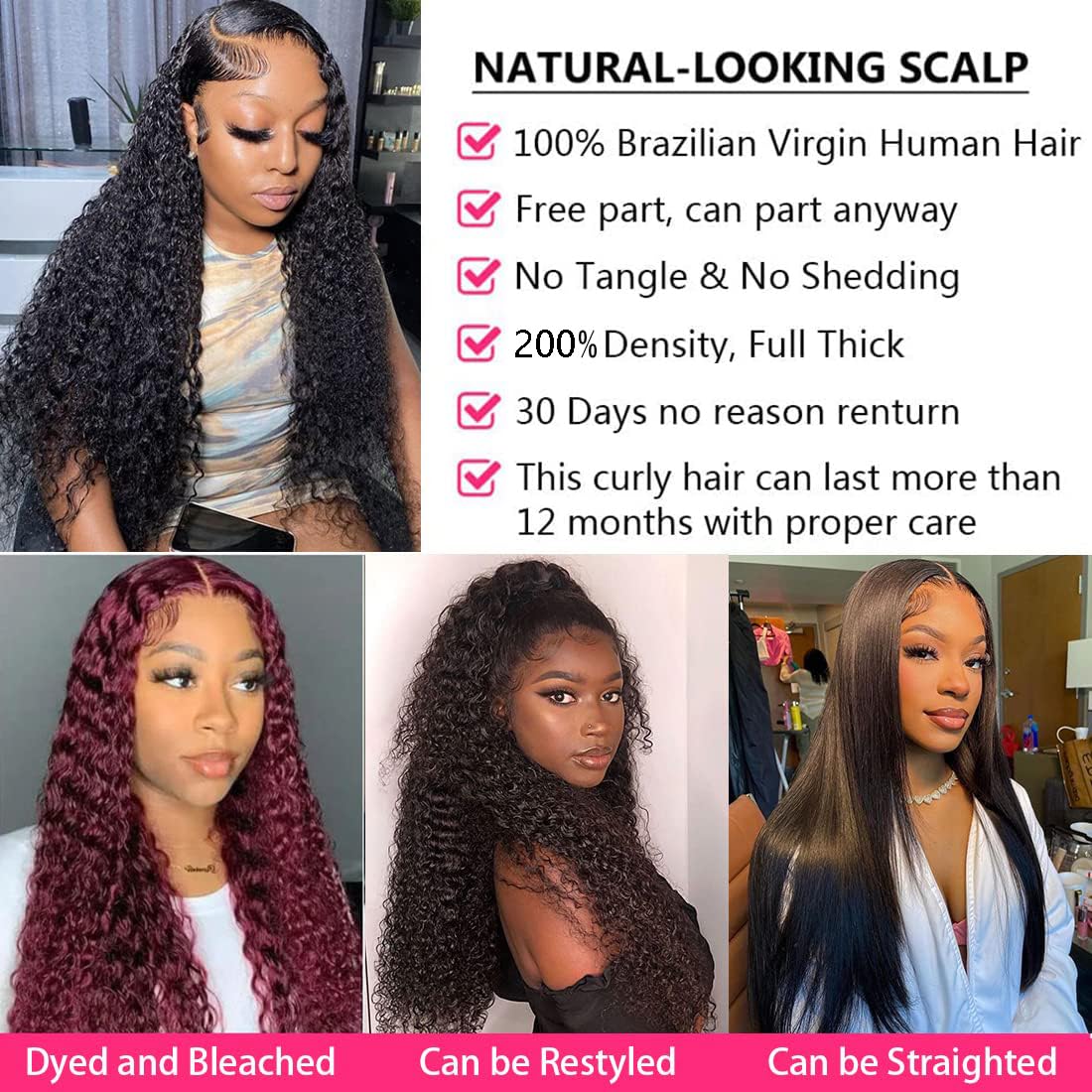 Deep Wave Lace Front Wig Human Hair 200% Density 13x4 HD Deep Curly Lace Frontal Wigs Human Hair for Women Glueless Wigs Brazilian Human Hair Pre Plucked Natural Black Color 20 Inch