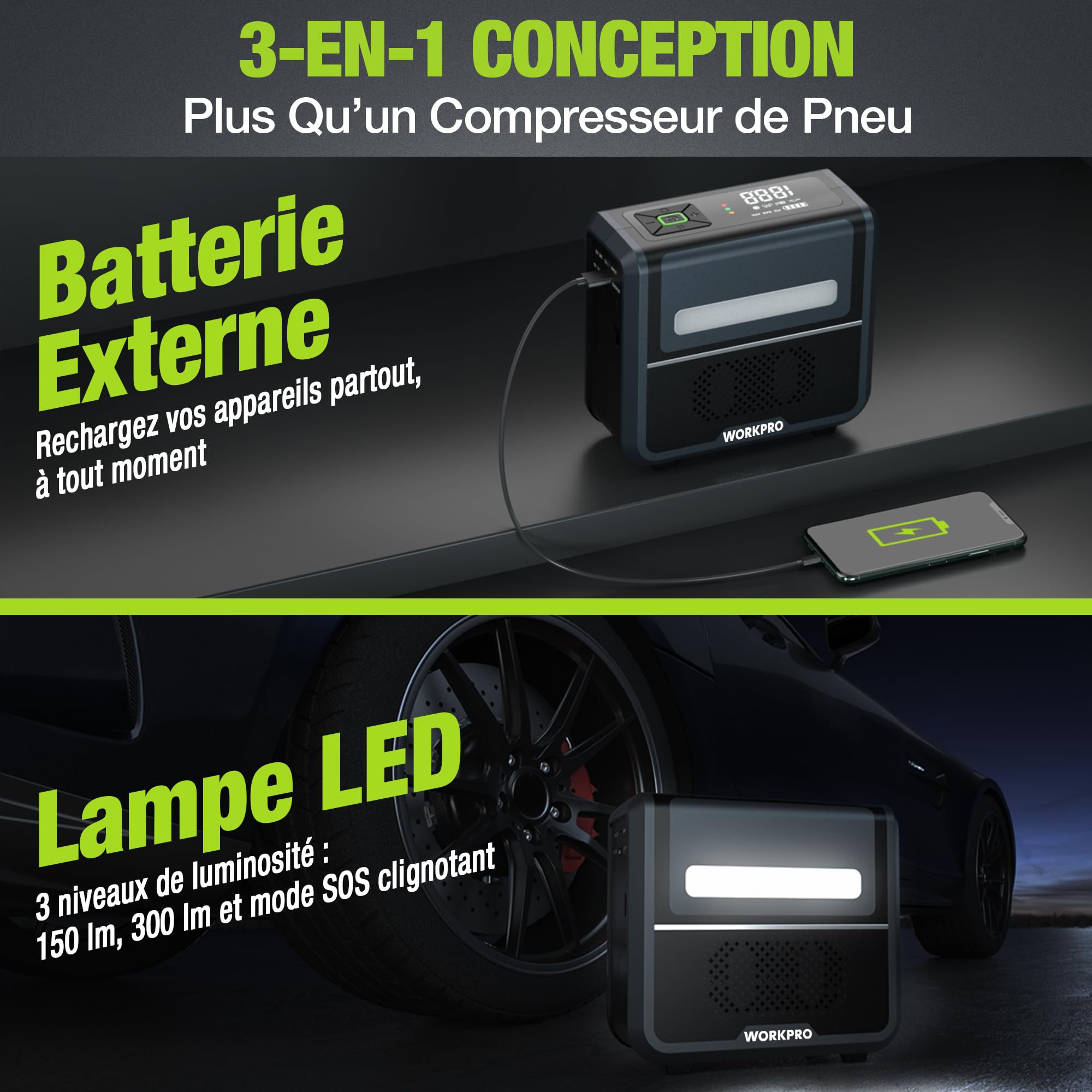 WORKPRO Compresseur à Air Portatif 12 V, Gonfleur Pneu Voiture 150 PSI