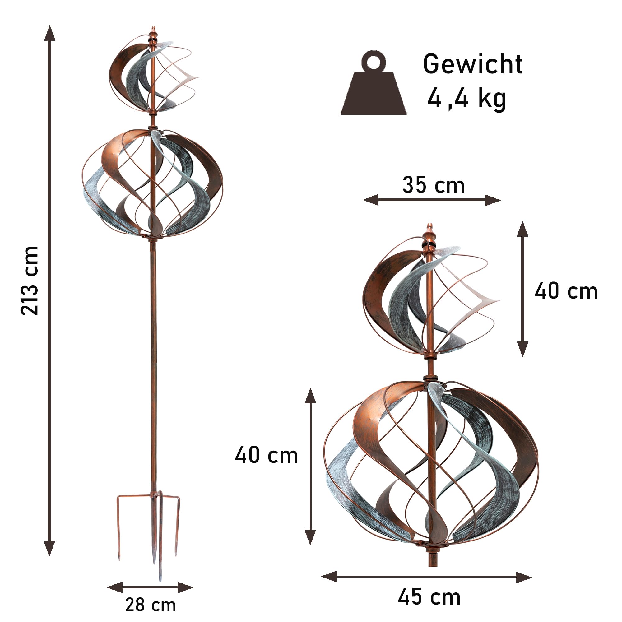 LEMODO Windrad Tulip mit gegenläufigen Rotoren | Gartendeko in 3 Höhen aufbaubar | Gartenstecker 213 cm hoch | Windmühle in Kupferoptik | Windskulptur mit Charme