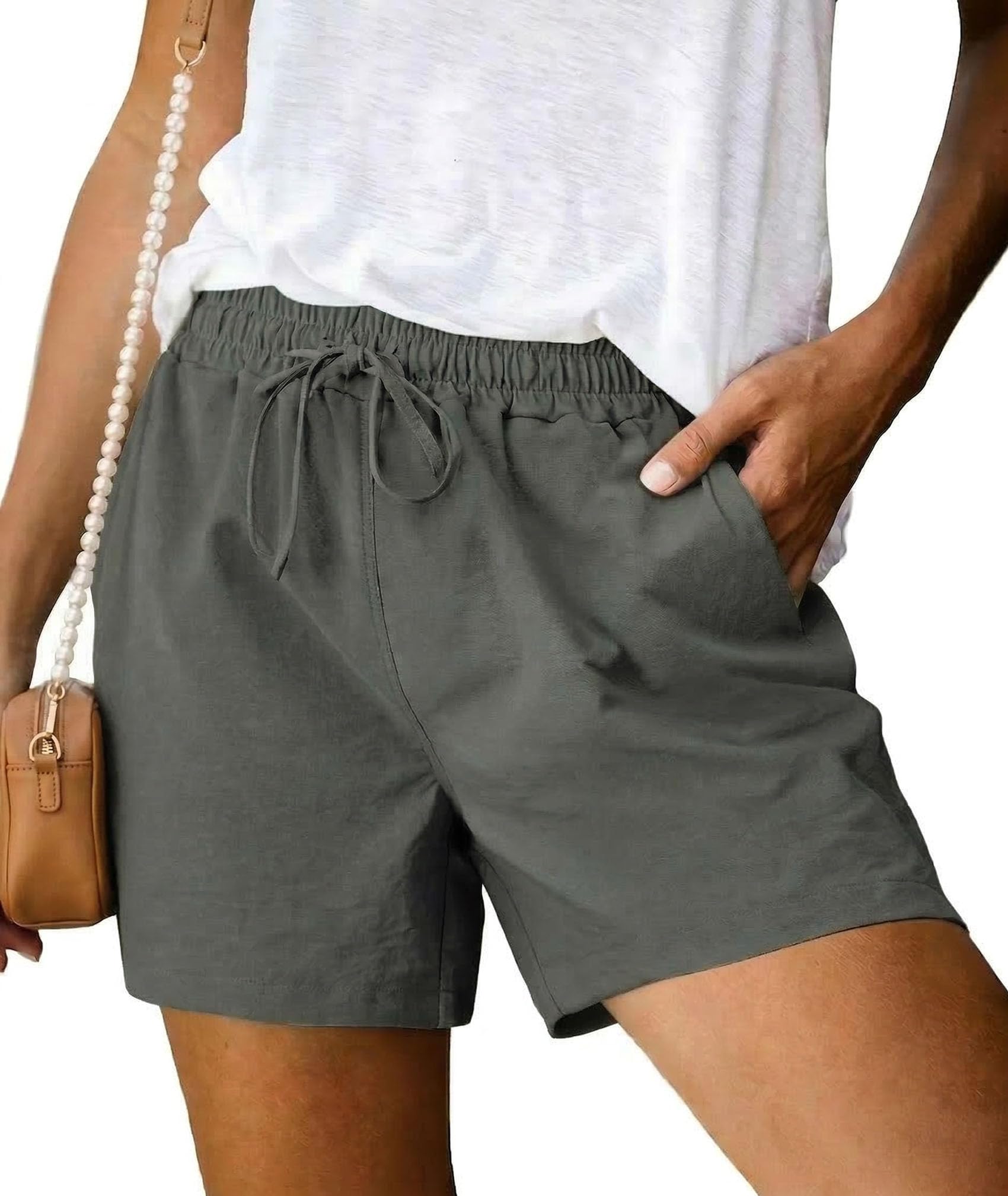 Terecey Kurze Hose Damen Sommer Leinen Freizeithose Beach Bermuda Shorts | Locker mit Elastikbund, Kordelzug Und Seitentaschen, 49 % Rayon/17 % Nylon/34 % Polyester, für Alltag Urlaub Freizeit Sport