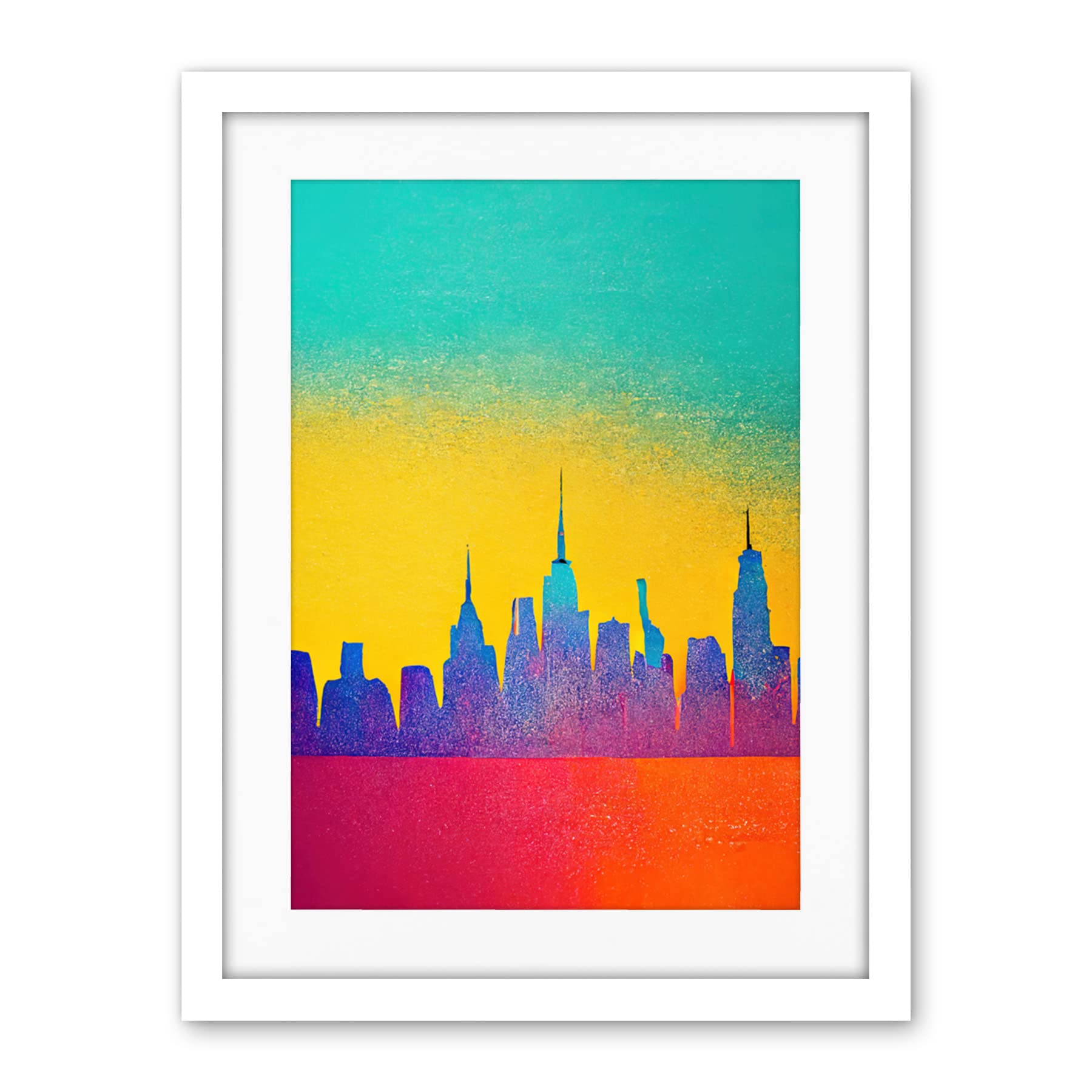 Wee Blue Coo Bright Colourful Abstract New York Skyline Cityscape Yellow Blue Coral Turquoise Artwork Framed Wall Art Print 18X24 Inch