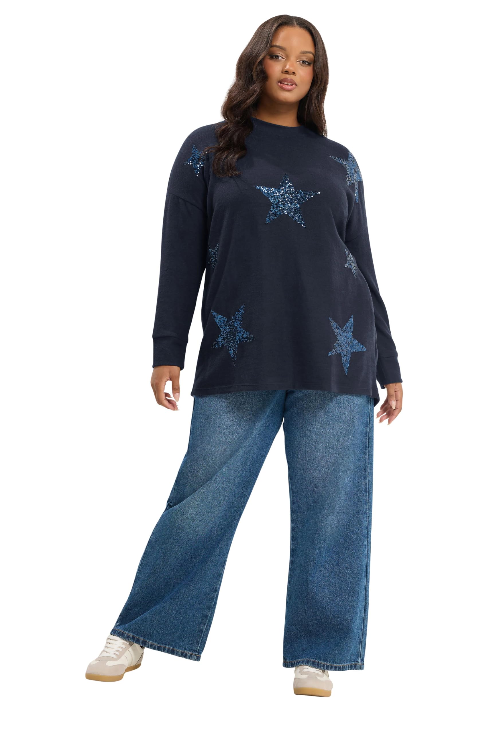 Yours Women's Blue Curve Navy Sequin Star Soft Touch Sweatshirt - Plus Size Curve