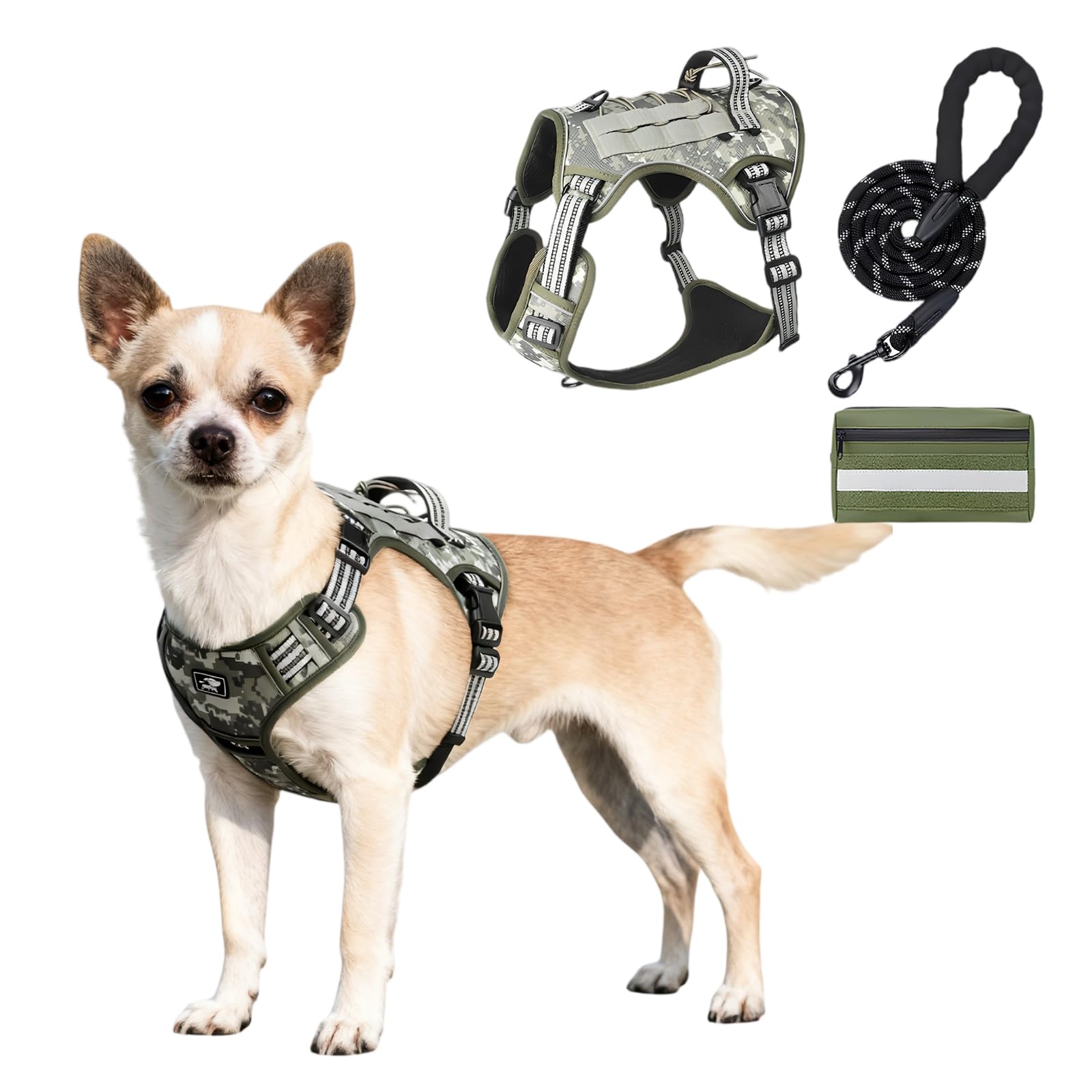 Arnés para Perros Pequeños con Correa y Bolsa Portaheces - Set Completo Antitirones con Asa de Control, Pechera Acolchada Suave para Paseos y Entrenamiento de Razas Pequeñas (Camuflaje, S)