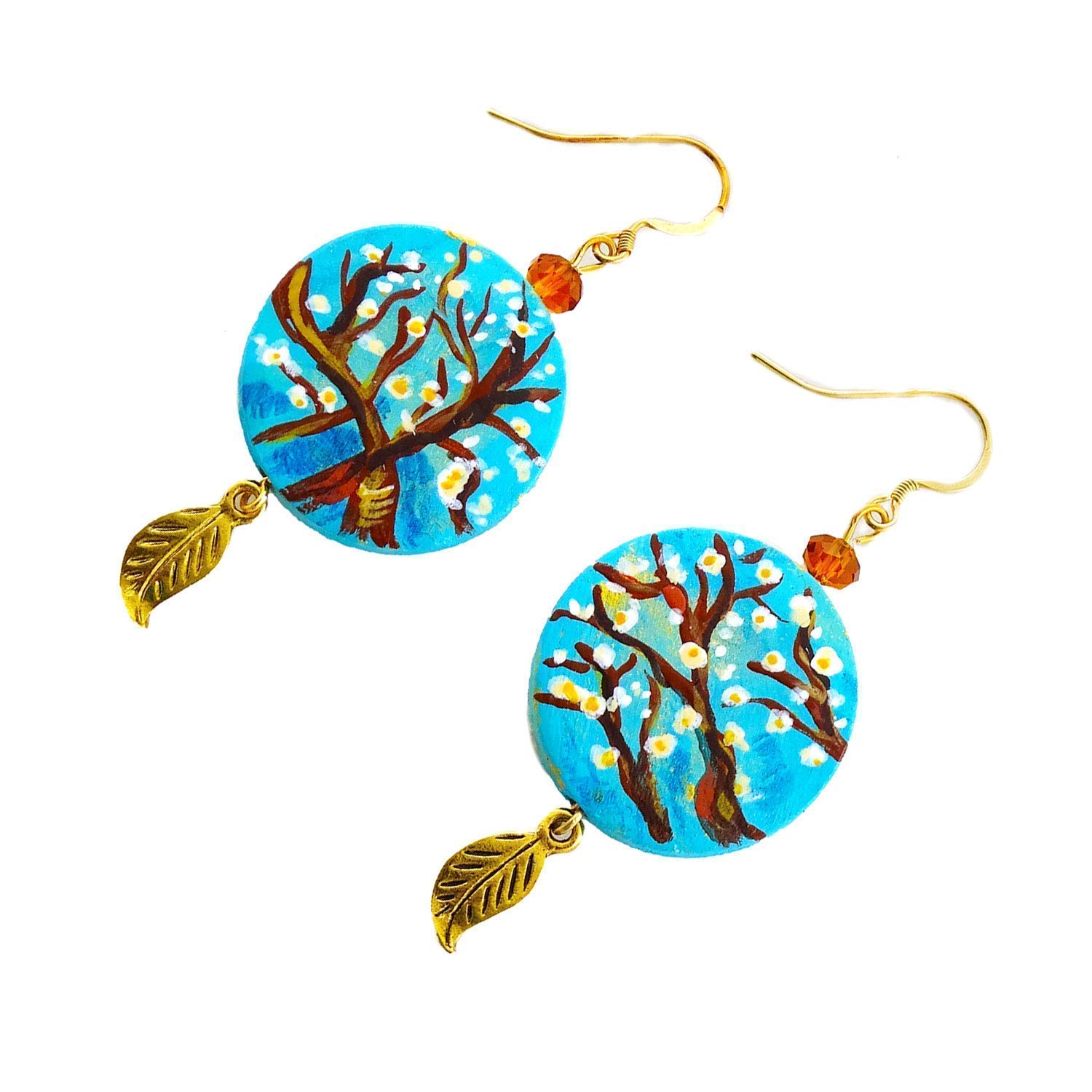 Boucles d'oreilles peintes à la main - L' AMANDIER TABLEAU CÉLÈBRE - Boucles d'oreilles pour femmes, Bijoux en bois peint, Crochet en argent, Made in Italy, Bijoux, Artisanat