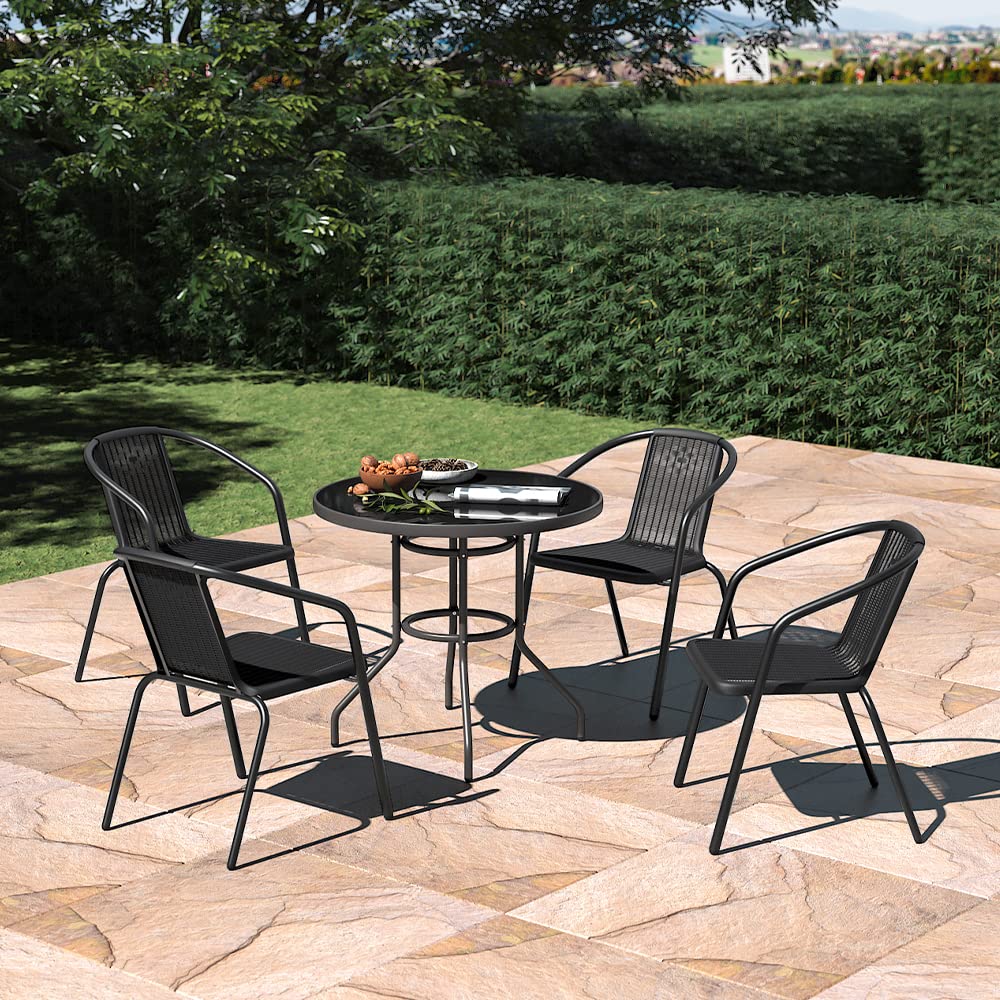 The Fellie Garden Furniture Set Outdoor Dining Table and Chairs Patio Tempered Glass Table Top with Umbrella Hole Wicker Stacking Chairs Seat(80cm Round Table+4PC Chair)