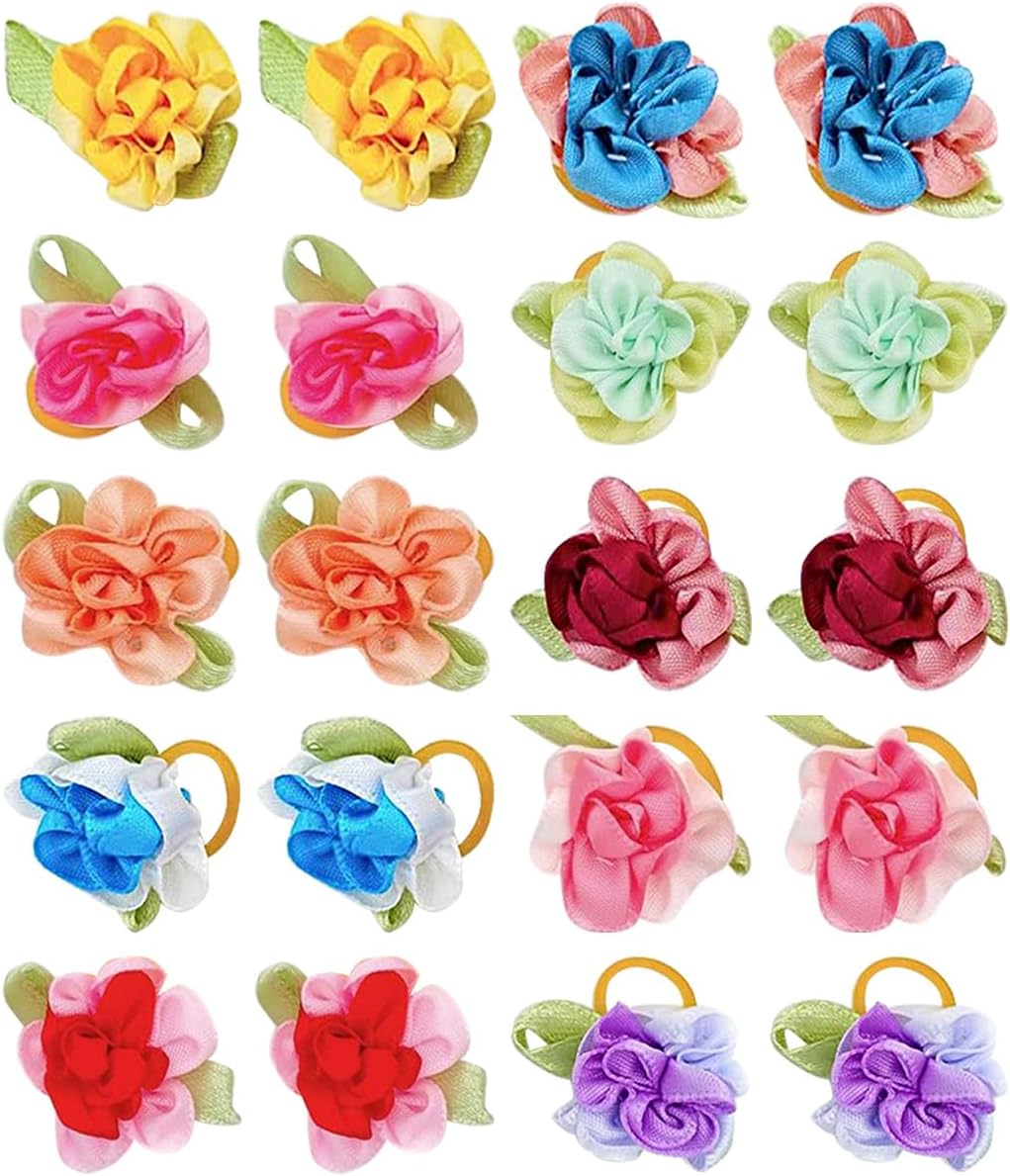 Flowers Pet Dog Hair Bows W/Rubber Bands Cat Puppy Grooming Accessories Assorted Color Pack of 20