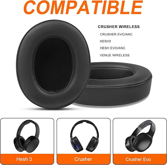 Gvoears Replacement Ear Pads for Skullcandy Crusher Wireless, Crusher ANC/EVO, Hesh ANC/EVO, Hesh 3 Headphones, Earpads Also Fit Venue Wireless, Durable Leather (Black)