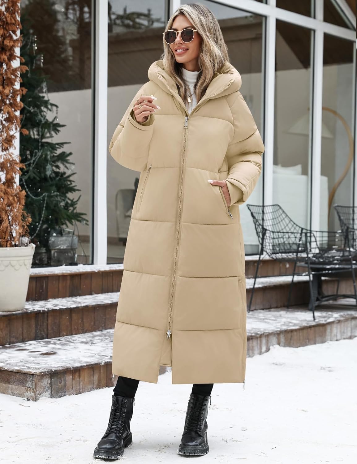 HEEKPEK Women Long Winter Coat Thickened Quilted Puffer Coats Hooded Full Length Padded Trendy Warm Outerwear with Hem Slit - Image 8