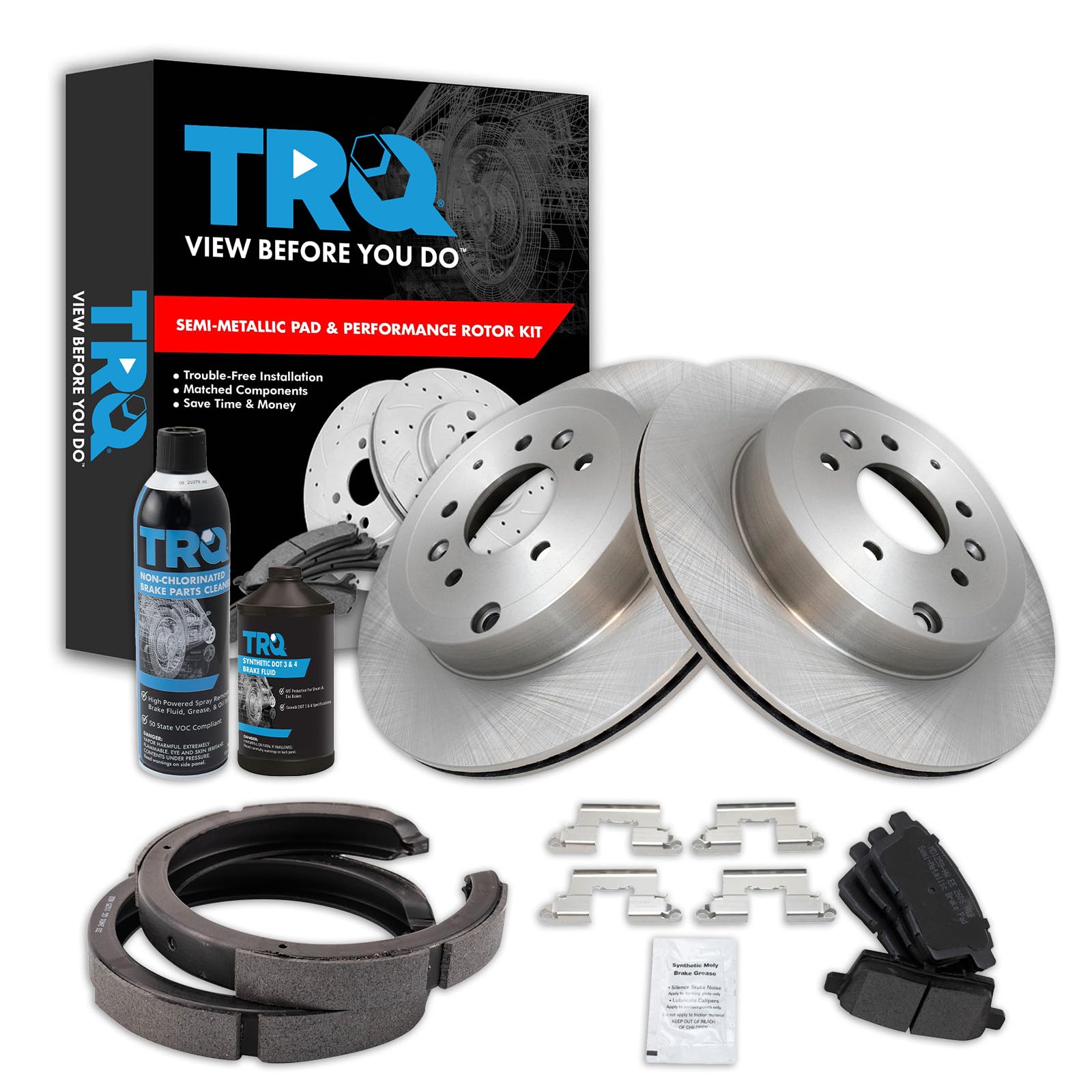 TRQ Rear Brake Pad &amp; Rotor Kit, with Chemical Kit Parking Brake Shoe Set Semi-Metallic Compatible with 2007-2012 Mazda CX-9