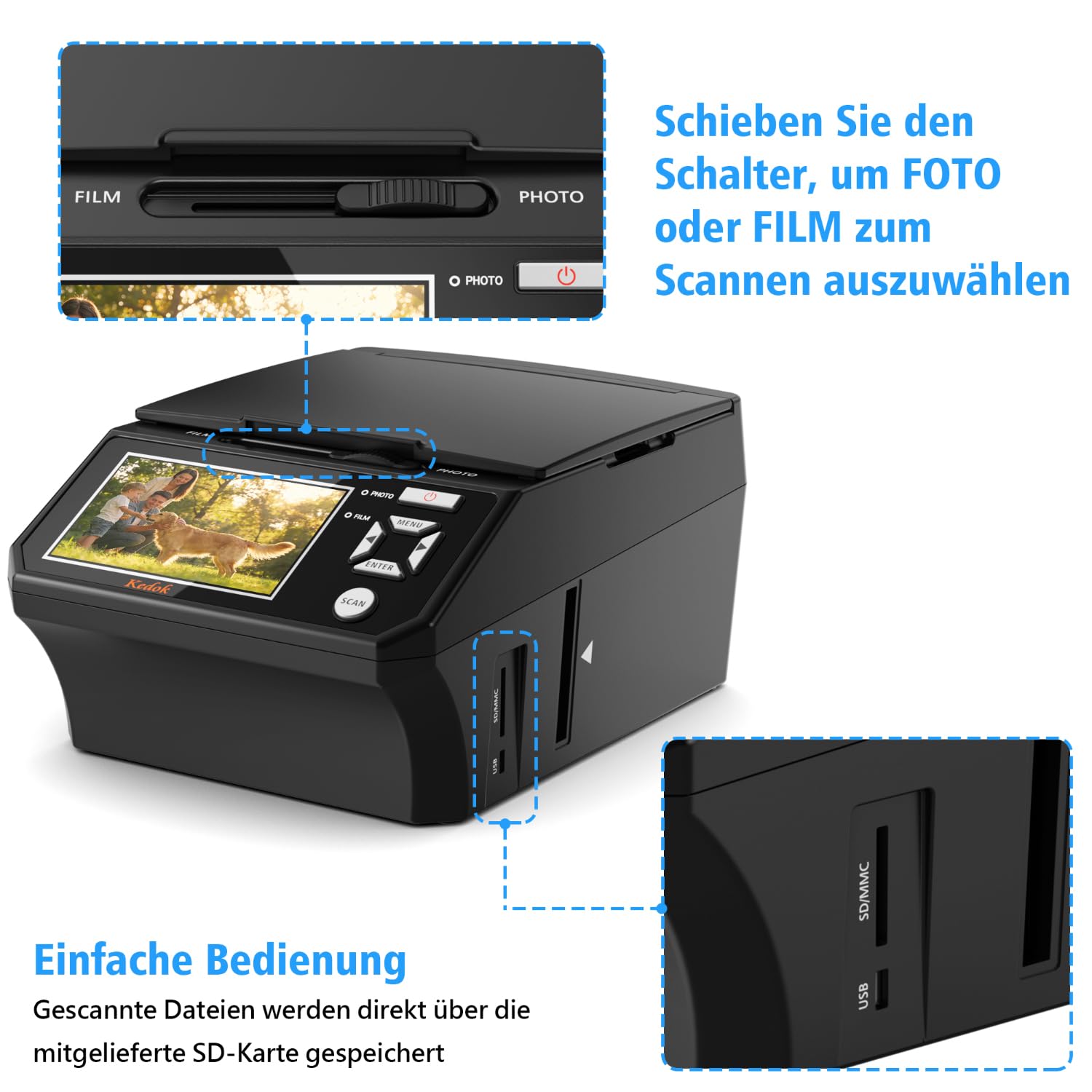 Fotoscaner, Multiscanner für Fotos, Dias und Negative, Digitalisierer mit 5" LCD-Bildschirm, 22 MP Konvertierung von 35mm/110mm Filmen, inkl. 8GB SD-Karte