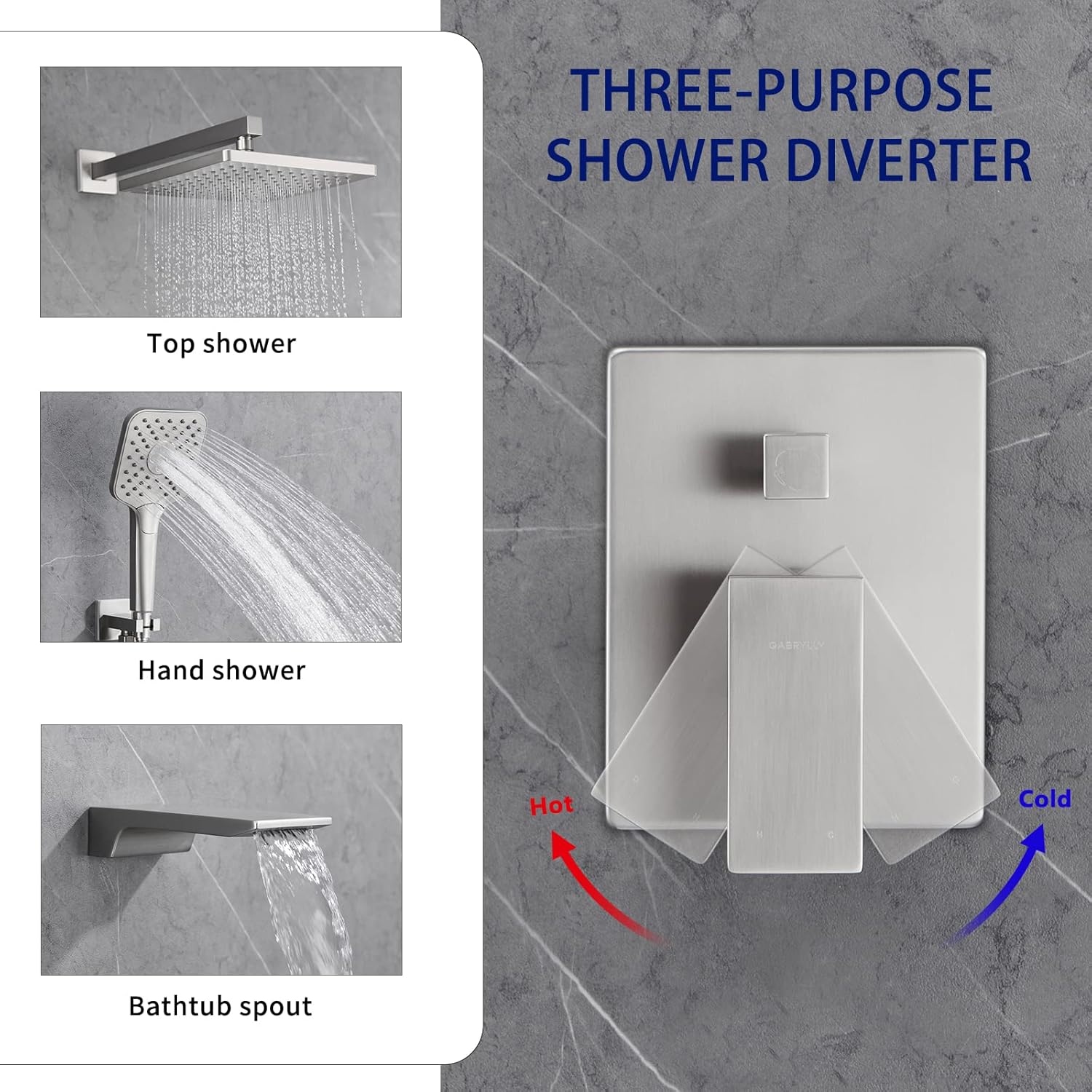 Gabrylly Shower System with Tub Spout, Wall Mounted Tub Shower Faucet Set for Bathroom with High Pressure 10" Rain Shower head and 3-Setting Handheld Shower Head Set,Brushed Nickel - - 