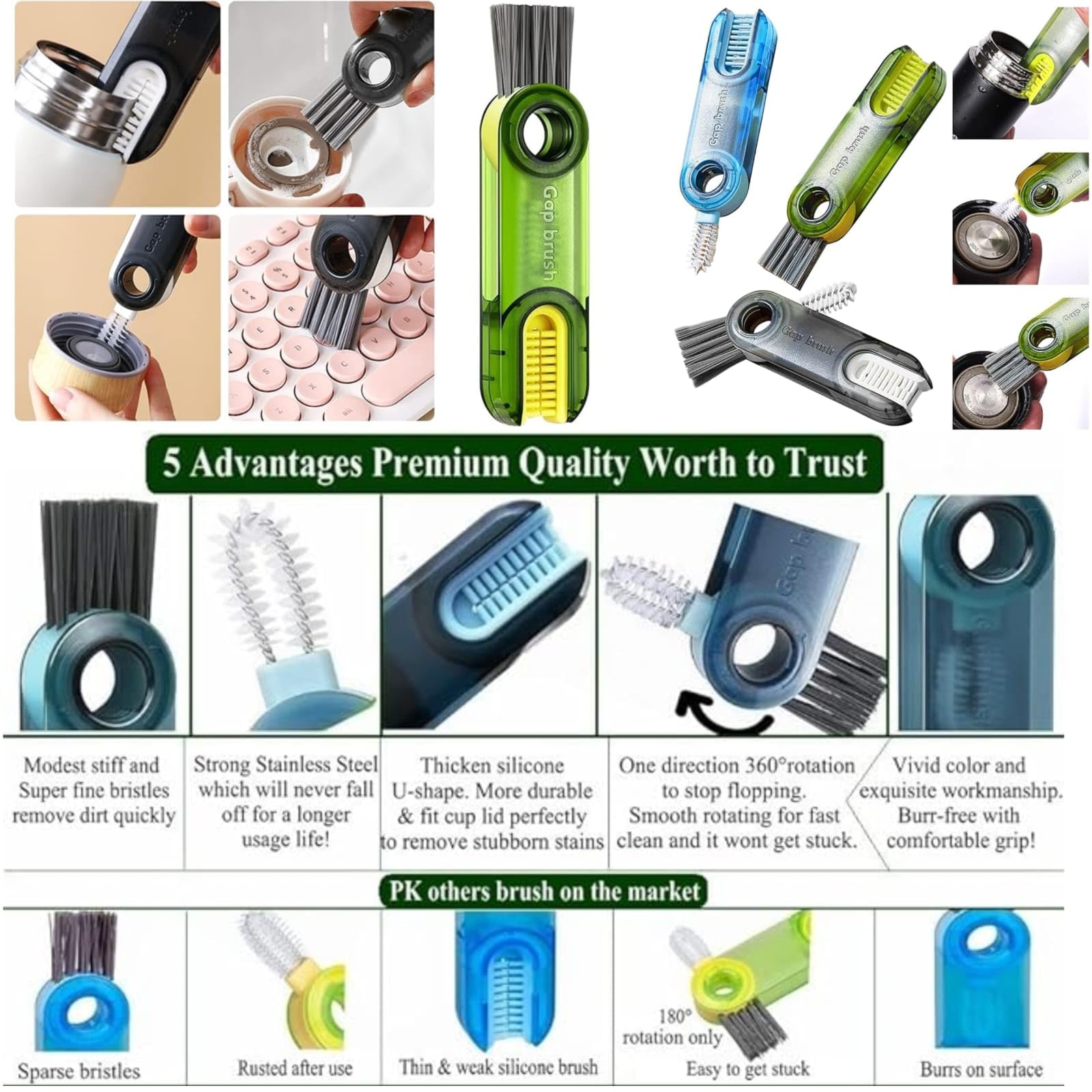 SARTHU 3 in 1 Multifunctional Bottle Cleaning Brush Set 1 Pack Bottle Cap & Cup Cleaner Brush 2 Pack Long Handle Silicone Bottle Cleaning Brushes Perfect for Baby Bottles Water Bottles Glasses 4