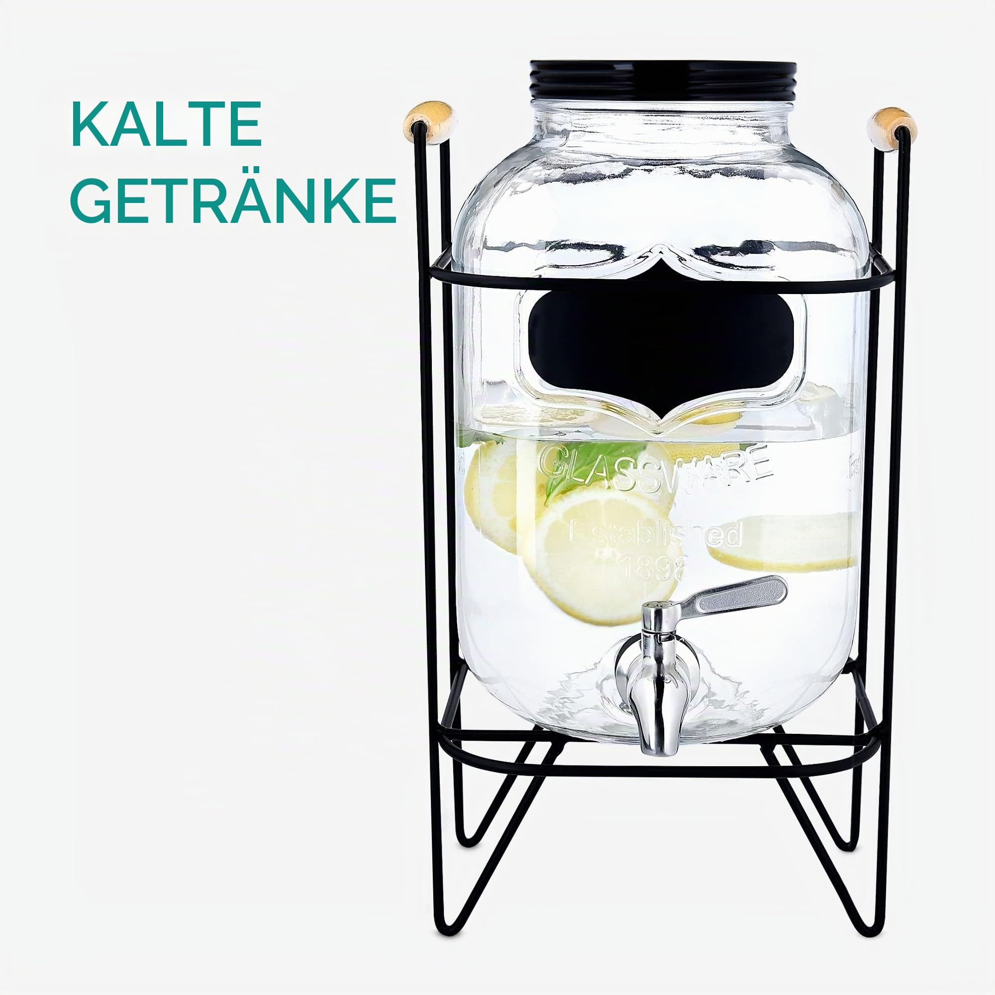 Navaris Getränkespender 5 Liter aus Glas - Zapfhahn aus Edelstahl und Ständer