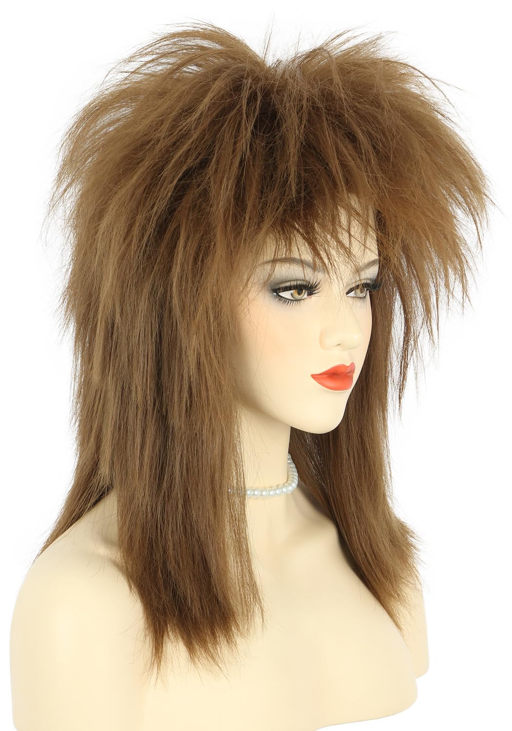 karlery Women Men Long Curly Brown Wig with Necklace 70s 80s Rocker Mullet Costume Wig Halloween Cosplay Party Wig