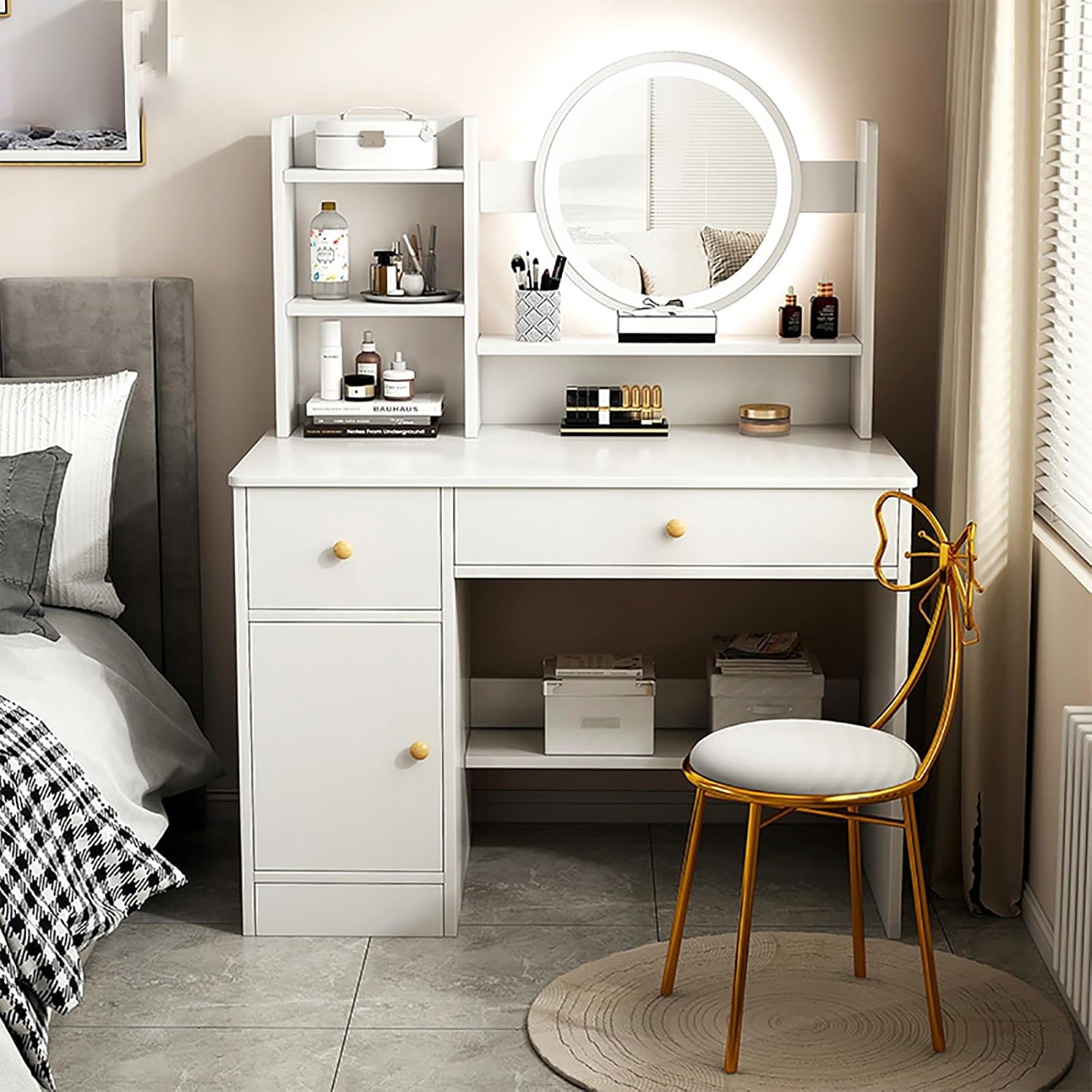 Dressing Table Makeup Table with Flip Top Mirror and Removable Storage Padded Seat Stool Led Smart Glass Dressing Table Chair Set，Light Gray Vanity Desk Set with Mirror & Drawers, Wooden Mak