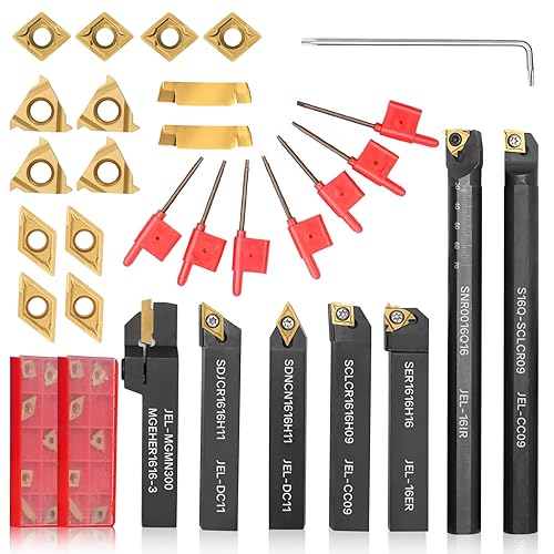 Indexable Lathe Turning Tool 21Pcs Kit 5/8'' 16mm Shank 7 Pcs Metal Lathe Tool Holder Set with 14 Pcs Turning Inserts for Turning Grooving Threading Boring Carbide Inserts Carbide Turning Tool