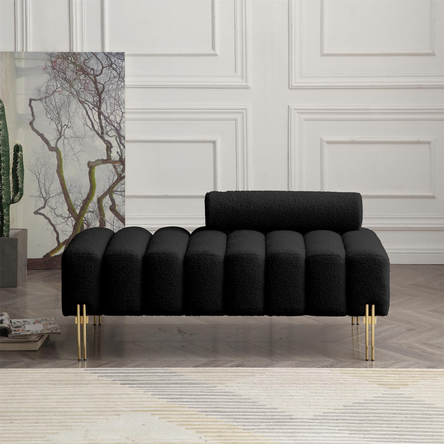 Polibi 53.2" Sherpa Upholstered Bench for End of Bed, 2-Seat Sofa Bench with Adjustable Backrest and Gold Metal Legs for Bedroom, Living Room, Window Seating, Black