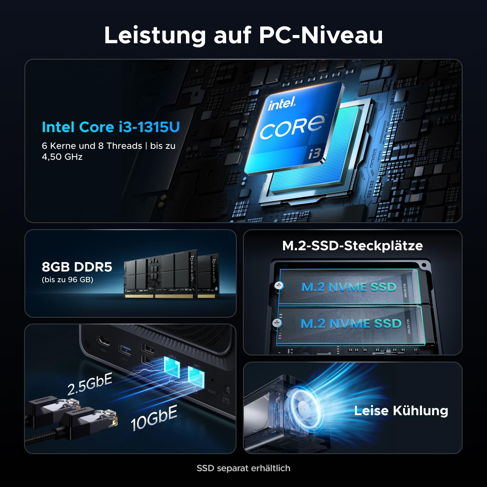 UGREEN NASync DXP4800 Pro, 4-Bay Desktop-NAS, Intel i3-1315U 6-Kern-Prozessor, 8GB DDR5 (bis zu 96GB), Eingebaute 128GB-SSD, 10GbE & 2.5GbE LAN, 2 × M.2 NVMe-Steckplätze, HDMI 4K (Ohne Festplatten)