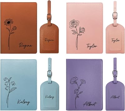 Personalized Passport Holder and Luggage Tag Set with Custom Name and Birth Flower Engraving - 2 Pieces Set Personalized Passport Covers and Travel Suitcase Tags-Perfect Travel Gift for Girl & Women