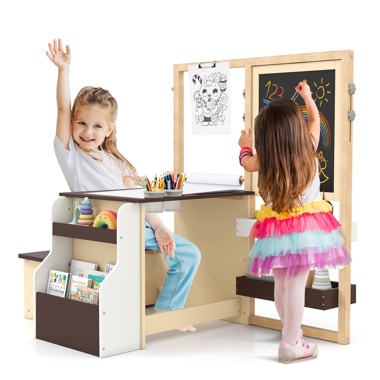GYMAX Set di Cavalletto con Tavolo e Panca per Bambini, Scrivania Multifunzionale in Legno con Lavagna Bifacciale, Rotolo di Carta, Scaffale, Contenitore, Mobili per Attività (Caffè)