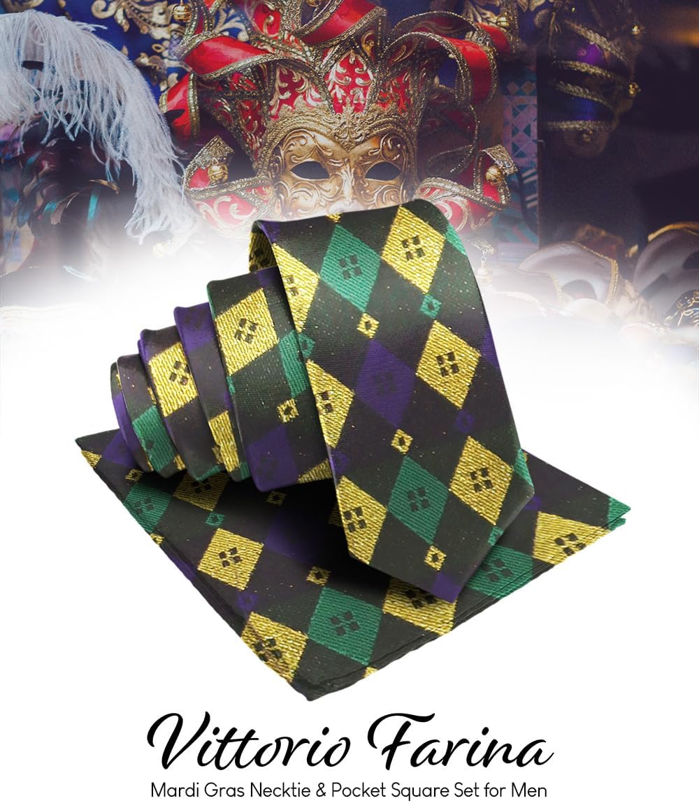 Premium Mardi Gras Necktie & Matching Pocket Square Set