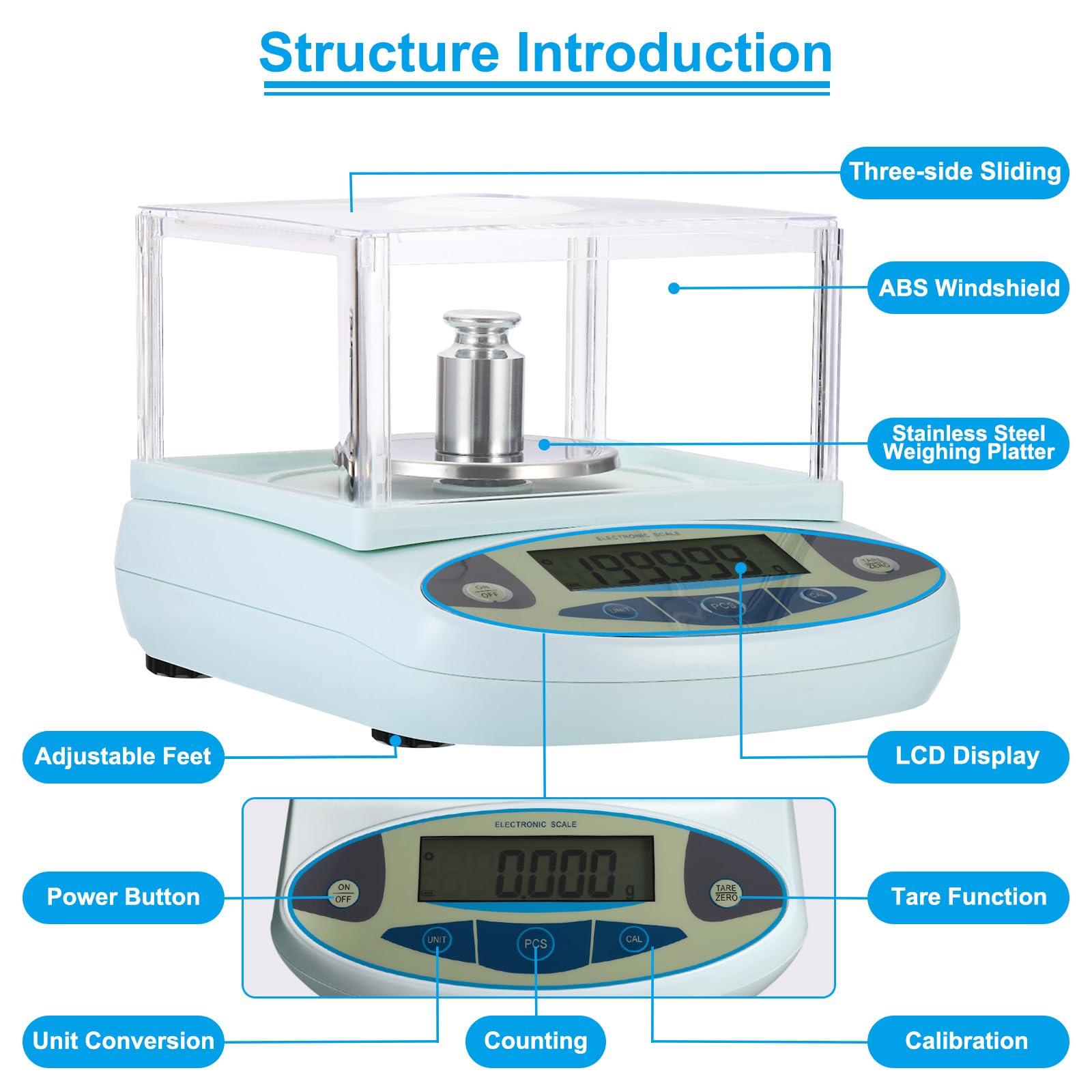 PATIKIL Bilancia da laboratorio 300 gx0,001 g, bilancia analitica elettronica ad alta precisione sensibile con parabrezza, bilancia digitale di precisione con pesi di calibrazione da 200 g per