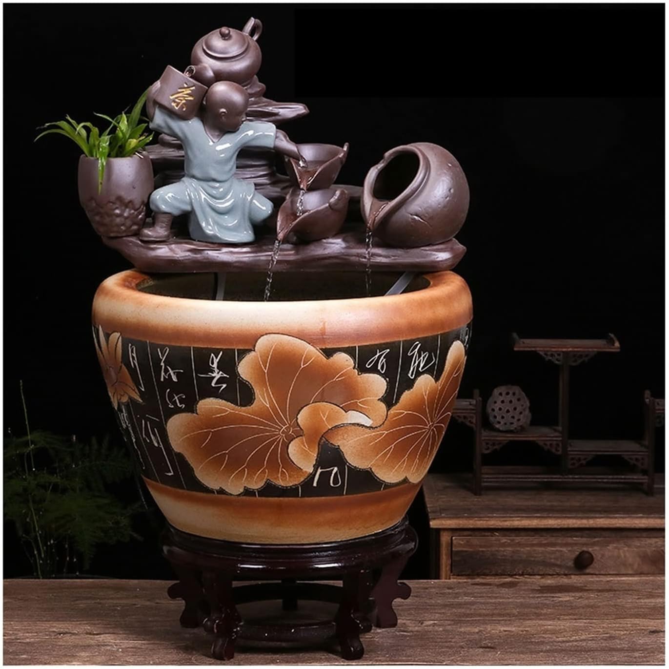 Small Fish Tank Aquarium Fish Tank Ceramic Goldfish Tank Home Desktop Running Water Ornaments Small Household Circulation Flow Water Lucky Fish Tank Fish Tank Kit(A,42cm)