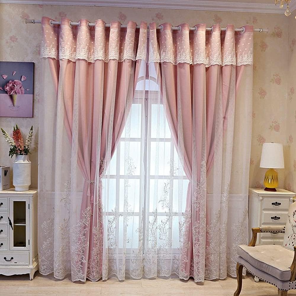 Amidoudou 1 Pair European Double Layer Curtains for Living Room Bedroom Luxury Flower Embroidered Curtains (Beige,51x90 Inch)
