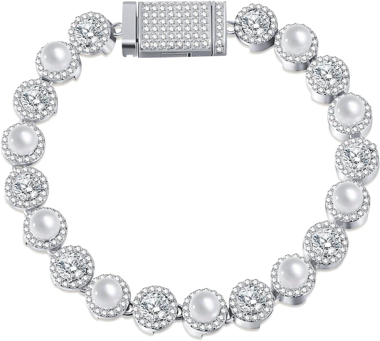 HELLOICE 8mm Pearl Tennis Bracelet for Women Men Simple Dainty Cubic Zirconia Round Pearl Halo Bracelet Fashion Jewelry Gifts for Wedding Party Birthday Prom