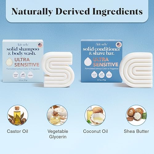 Miniatura 5 de Kitsch Barra de champú y gel de baño ultra sensible 2 en 1 + barra acondicionadora y jabón de afeitado – Jabón en barra sin fragancia para piel