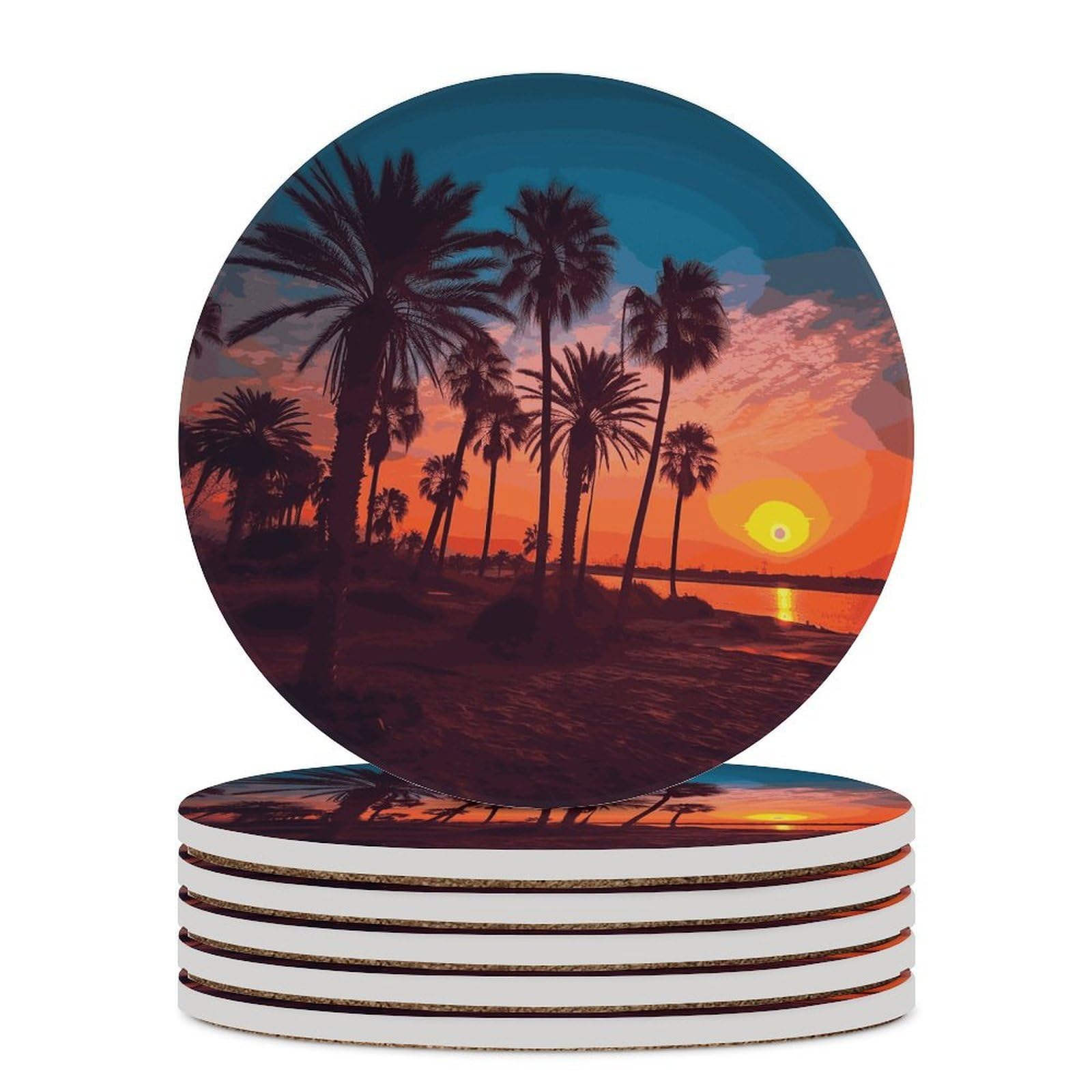 Palm Tree Sunset Coaster with Cork Base Drink Coasters for Coffee Table Decor Modern Cup Coasters with Non-Slip & Heat-Resistant Cute Ceramic Table Coaster for Home Dining