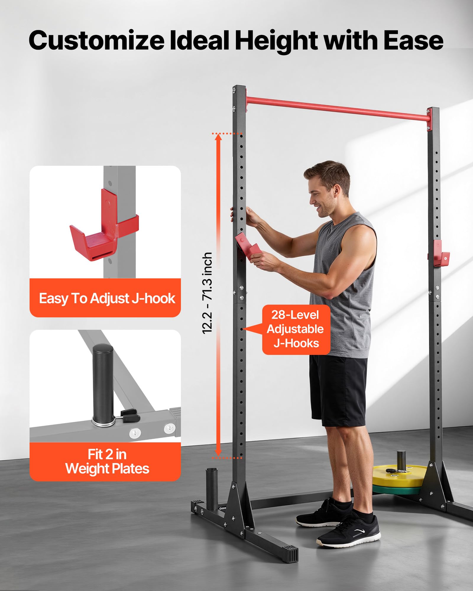VEVOR Attrezzatura Multifunzionale per Panca Power Rack con Ganci a J Regolabili a 28 Livelli, Allenamento della Forza per 362 kg, Palestra Domestica per Squat con Bilanciere, Sollevamento Pesi
