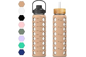 MUKOKO 32oz Motivational Glass Water Bottles with Time Marker and 2 Lids