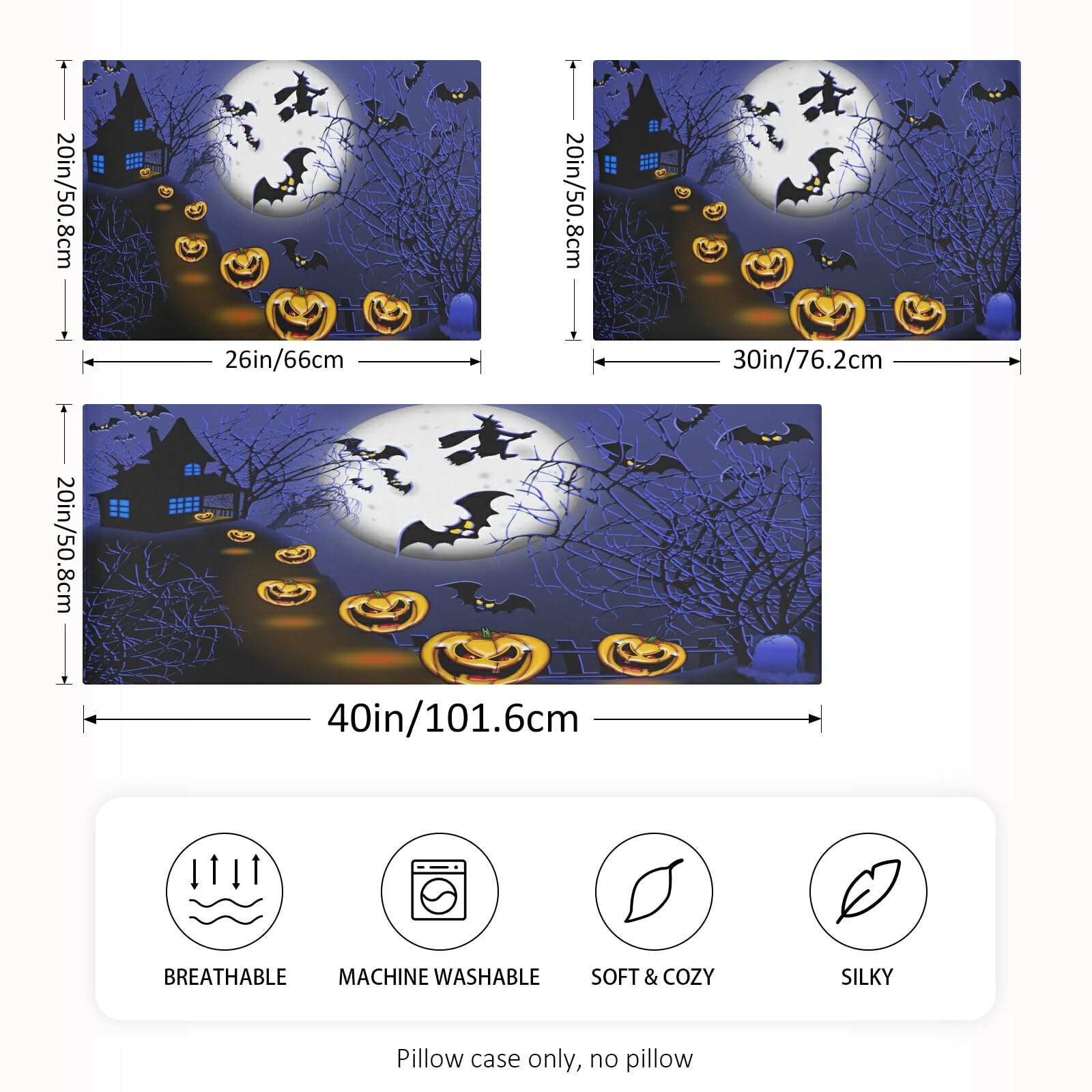 Nander Halloween Satin Pillowcase for Hair and Skin,Halloween Full Moon Night Pumpkin Soft Silk Pillow Cases No Zipper, Pillow Cover with Envelope Closure,Queen Size 20x30 inch