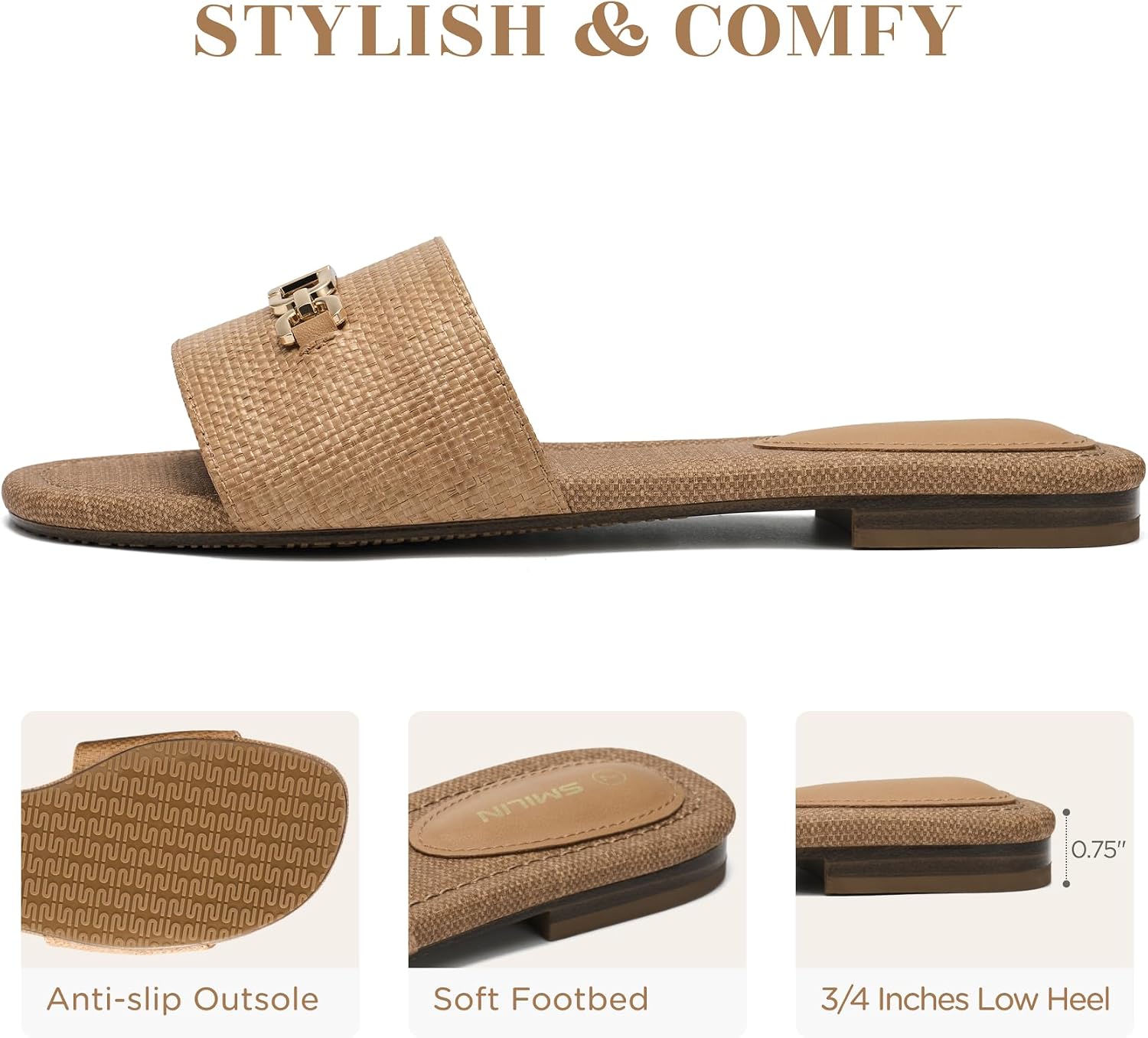 Chic Raffia Sandals Women, Woven Flat Summer Slides Vacation Beach Shoes | Breathable Woven Sandals & Rattan Flat Sandals for Women, Comfy Gold Chain Slides for Women, Summer Beach Vacation Shoes