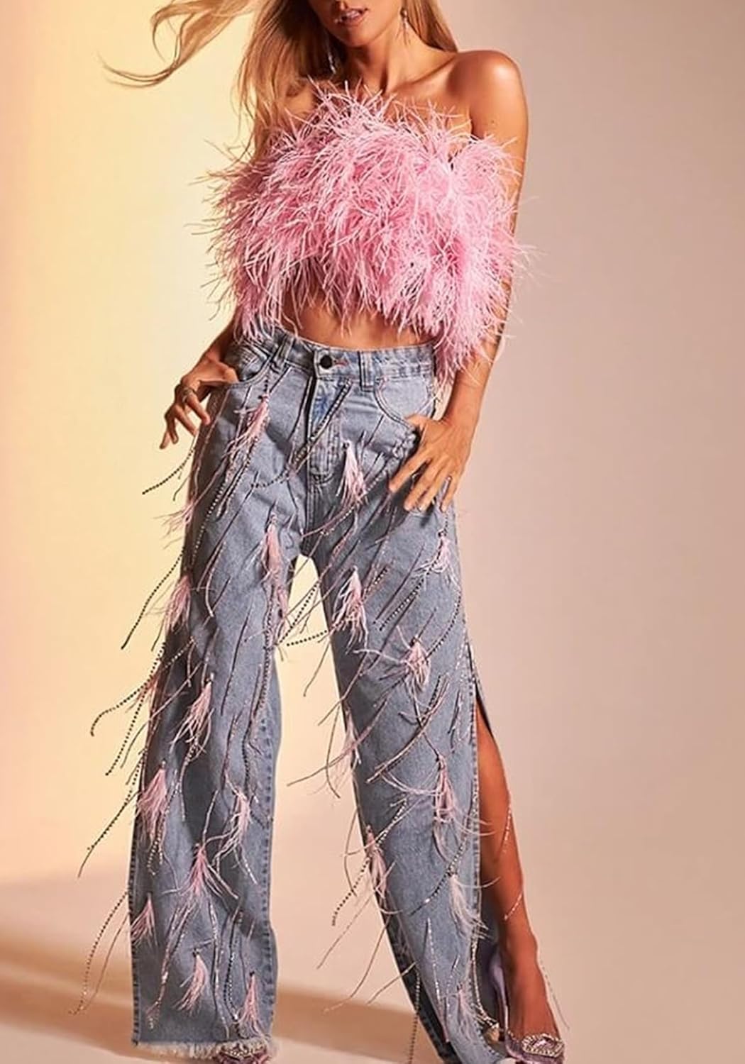Women's Rhinestones Fringer Baggy Jeans Diamond Feather Tassel High Waisted Slit Stright Leg Y2k Denim Pants