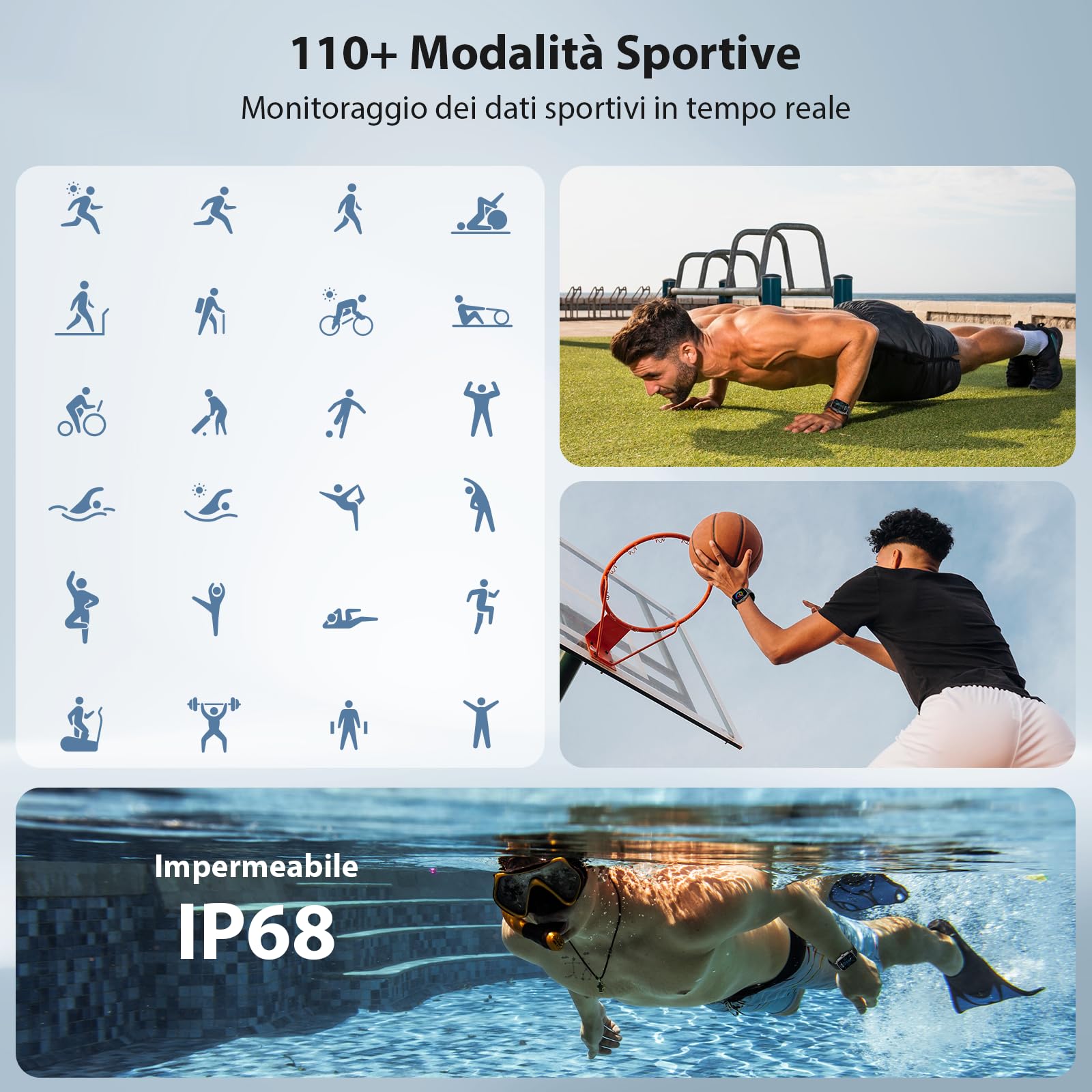 Smartwatch Uomo Donna, 1.85" Orologio Smartwatch con Chiamate e Notifiche WhatsApp, Fitness Tracker con Contapassi Sonno SpO2 Cardiofrequenzimetro, 110 Sportive, IP68 Smart Watch per Android iOS Nero