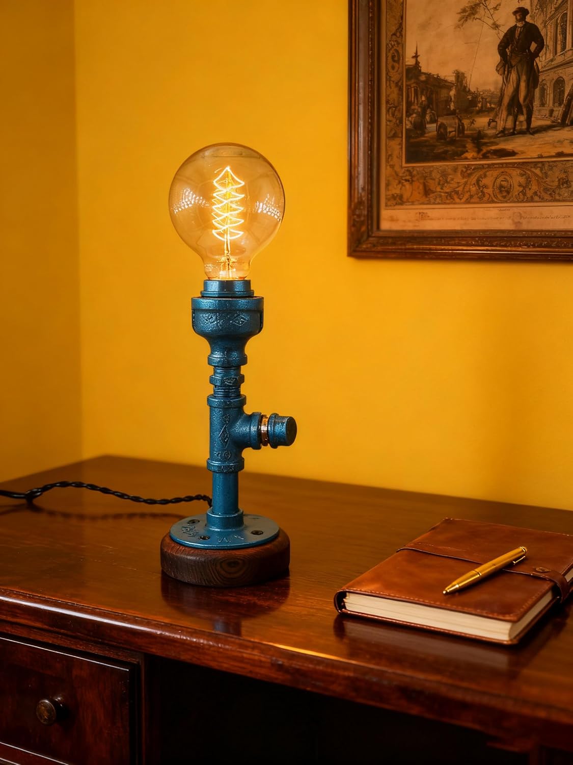 Industrial Steampunk Table Lamp, Vintage Edison Style, Black Iron Pipe Design with Wooden Base, Decorative Desk Light for Study Room, Office (Flash Blue)