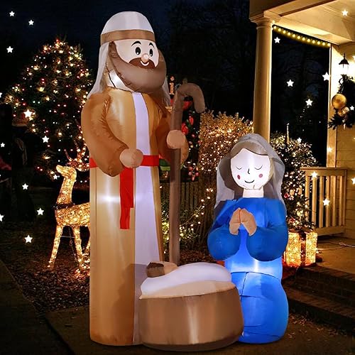 Miniatura 2 de DomKom Decoraciones inflables de Navidad de 7 pies para exteriores, Papá Noel con reno y caja de regalo, luces LED, decoración de patio inflable