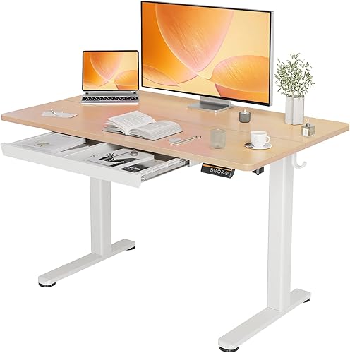 YDN Escritorio de pie con cajones, escritorio de altura ajustable de 48 x 24 pulgadas, escritorio eléctrico para computadora para oficina en casa,