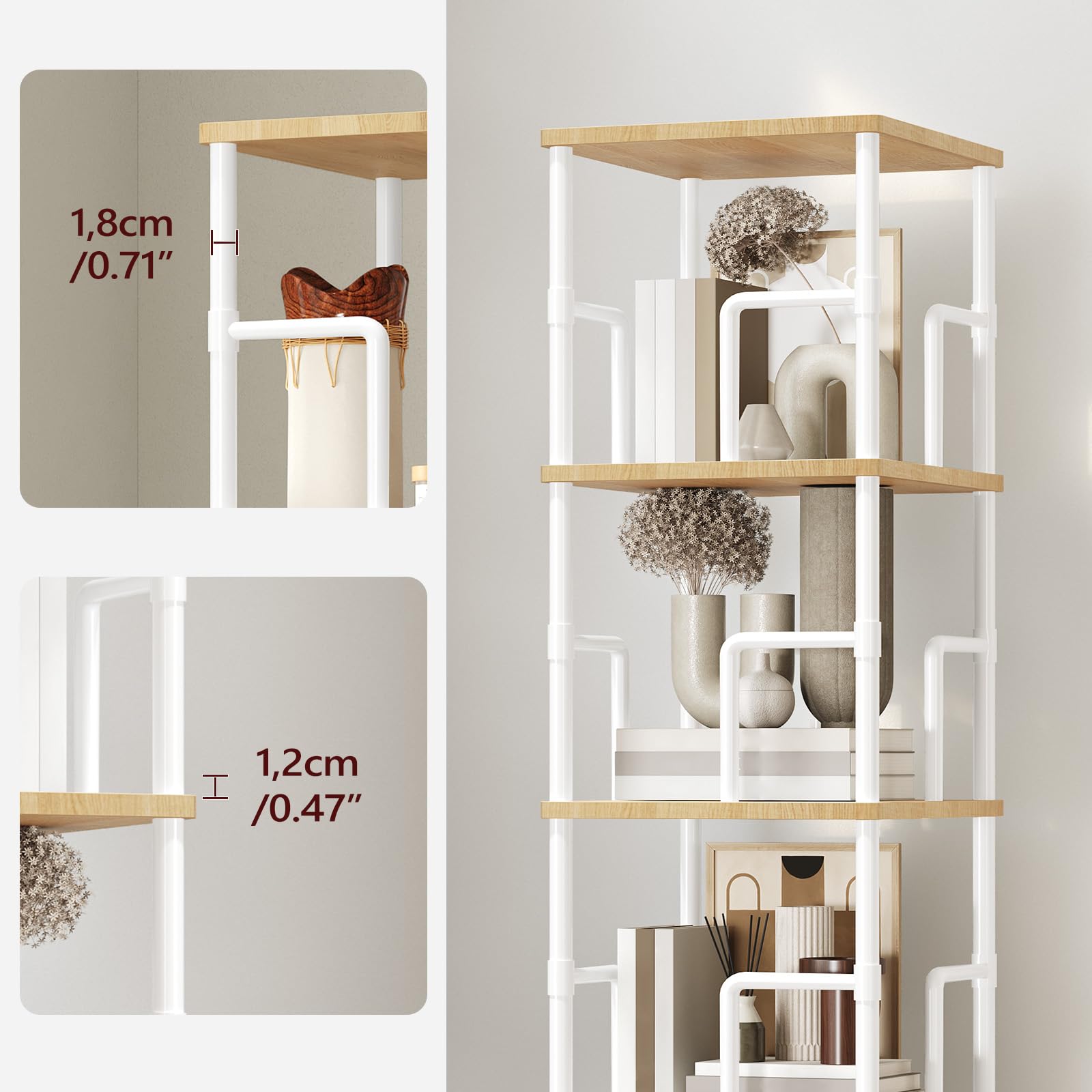 MAHANCRIS Libreria Girevole a 5 Livelli, Scaffale Angolare Indipendente, 360°, Stile Industriale, con Protezioni, per Soggiorno, Camera da Letto, Studio, Ufficio, Bianco ABKBN1601