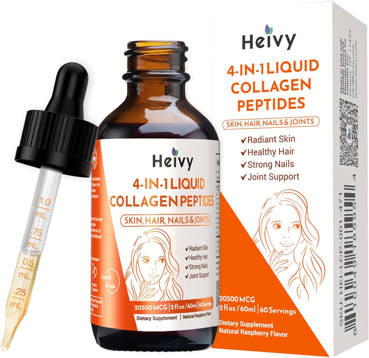 Heivy Liquid Collagen for Women, 60ml Raspberry Flavor, 20500 mcg 4-in-1 Collagen Drops, USA GMP, Sugar-Free, 3rd Party Tested