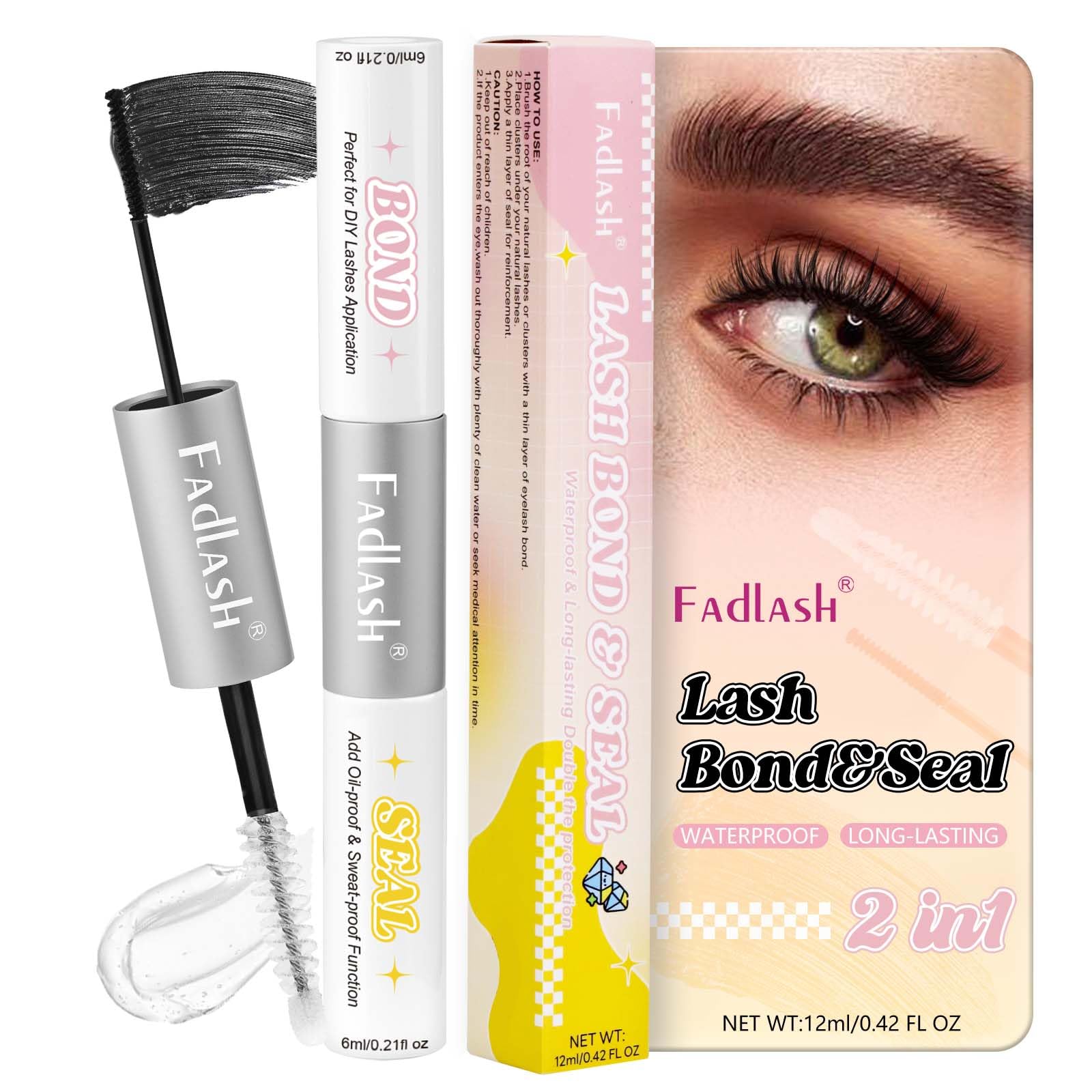 FADLASH Lash Bond and Seal 12ml Lash Cluster Glue for Eyelash Clusters Strong Hold Eyelash Glue Black Long Lasting at Home