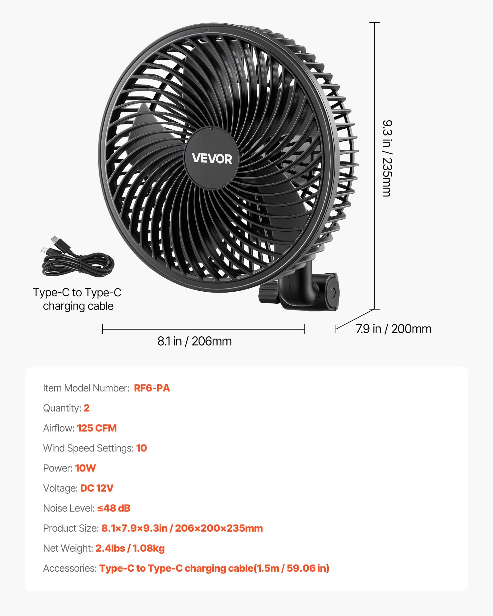 VEVOR Grow Ventilator mit Clip Oszillierend, 10 W-Clip-Ventilator mit USB-C-Anschluss, 9 Geschwindigkeitsstufen & Zirkulationsmodus, Umluftventilator für Umluft & Kühlung in Growbox, Growzelt, 2er-Set